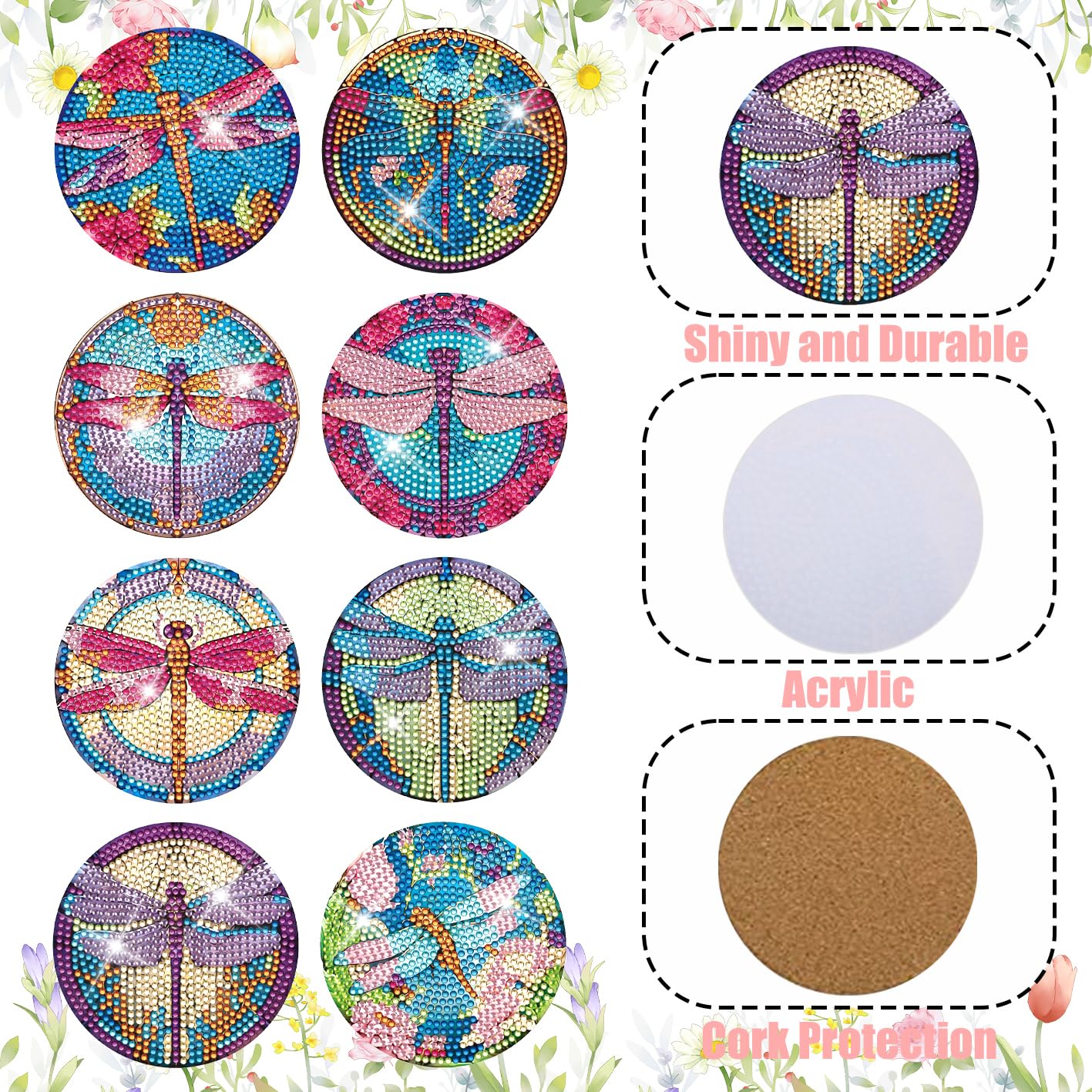 Dragonfly Diamond Painting Coasters Kit - 8PCS DIY Drink Coasters with Cork Base & Holder, Diamond Dot Art Painting Set for Adults & Beginners | Perfect for Home Decor, Gift Giving & Craft Projects