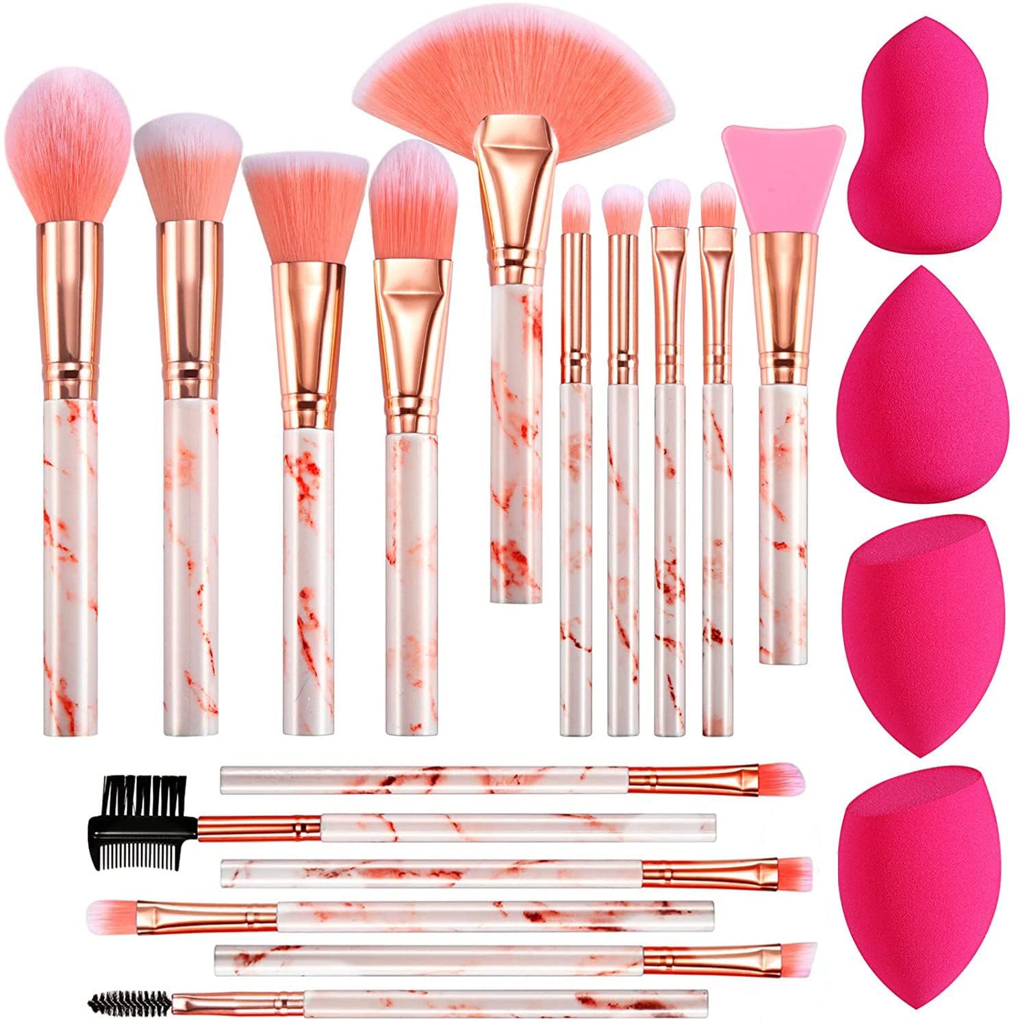 DUAIU 16PCS Professional Makeup Brush Set with Marble Handle - Includes 4 Sponge Blenders, Foundation Brushes, Eyeshadow Brush, Lip Brush & Silicone Mask Brush | Perfect for Makeup Artists, Beginners & Daily Beauty Routine