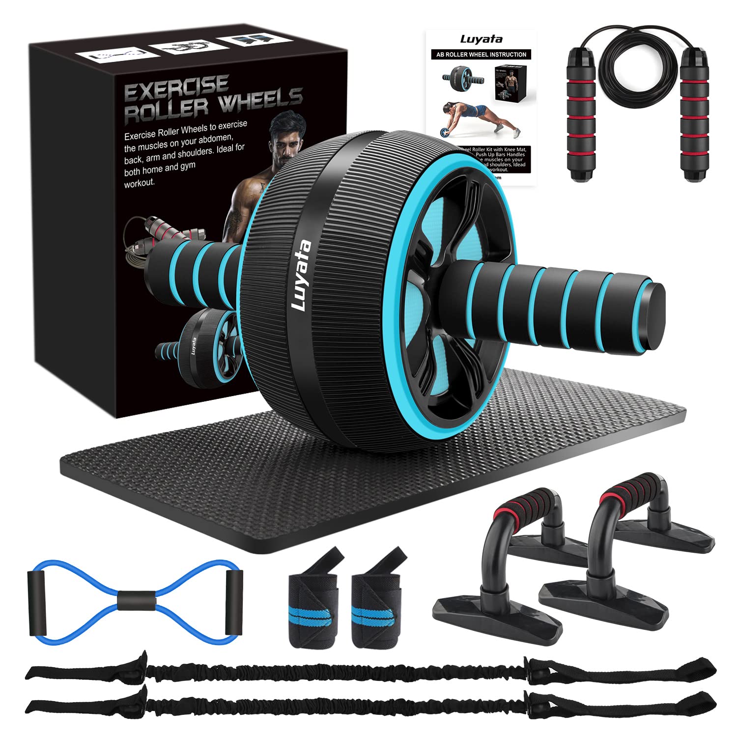 10-in-1 Ab Roller Wheel Kit with Resistance Bands, Knee Mat, Jump Rope & Push-Up Bar - Core Strength & Abdominal Workout Equipment for Home Gym - Perfect for Men & Women Training, Yoga, and Full-Body Fitness