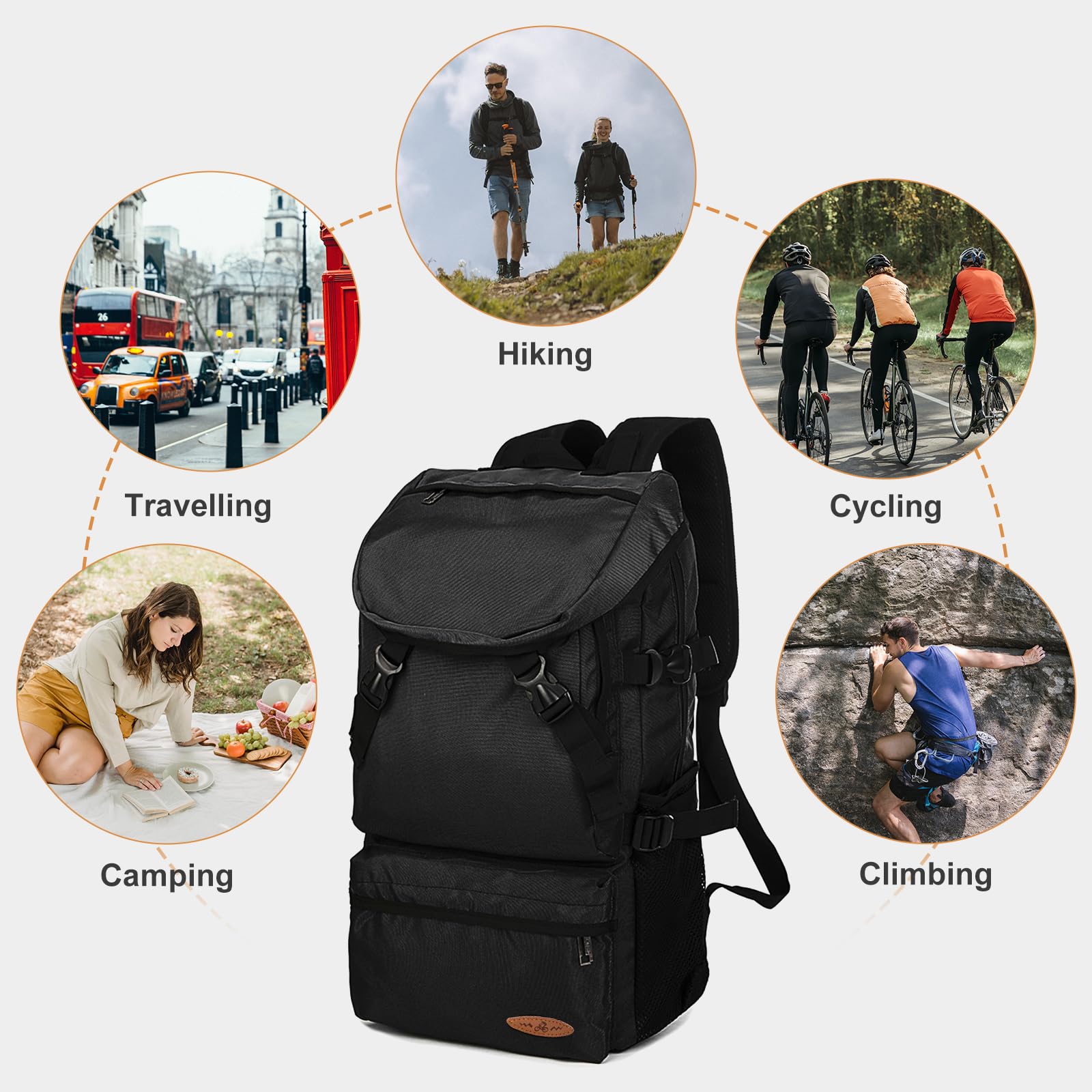 VGCUB Large Travel Backpack - Lightweight Waterproof Hiking & Camping Rucksack for Outdoor Sports, Gym & Daily Use - Extra Large Carry On Daypack for Men & Women (Black) - Perfect for Travel, Hiking, Camping & Work Commute