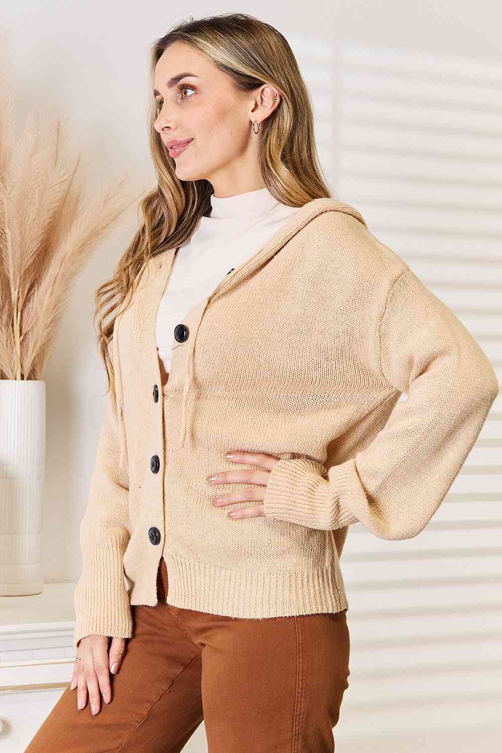 Stylish Tan Button Down Long Sleeve Hooded Sweater for Men & Women | Cozy Fall & Winter Pullover | Perfect for Casual Outfits, Layering and Outdoor Activities