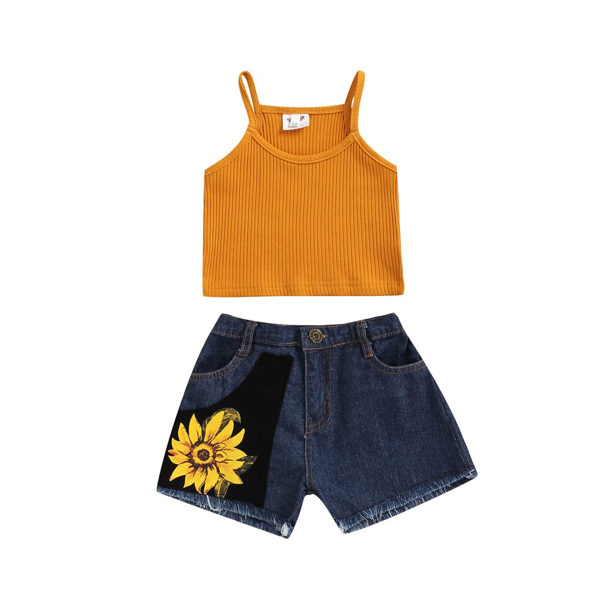 Adorable Kids Summer Outfit - Sleeveless Halter Tank Top & Sunflower Denim Shorts for Baby Girls | Perfect for Beach, Playdates & Outdoor Adventures