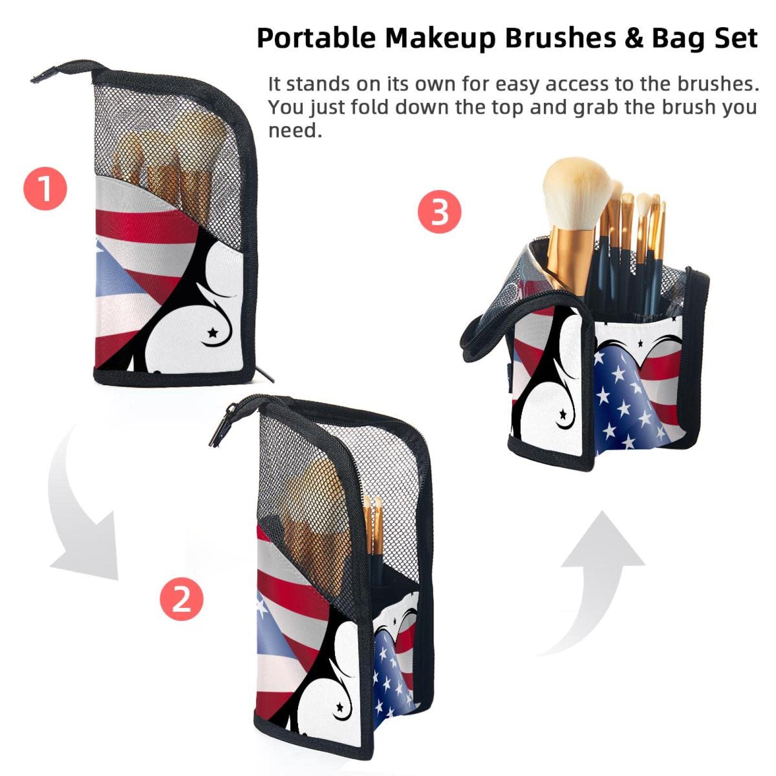 American Flag Print Makeup Brush Organizer Bag with 12 Brushes - Portable Heart Design Cosmetic Brush Holder Case for Travel, Home & Professional Makeup Artists