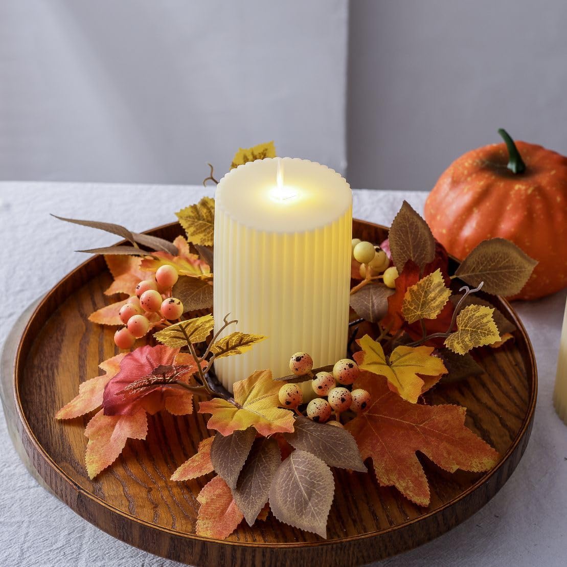 2 Pcs Artificial Maple Leaves Candle Rings with Orange Pip Berries - 3 Inch Center Wreath for Thanksgiving & Fall Decor - Perfect for Pillar Candles, Table Centerpieces, and Harvest Home Decor
