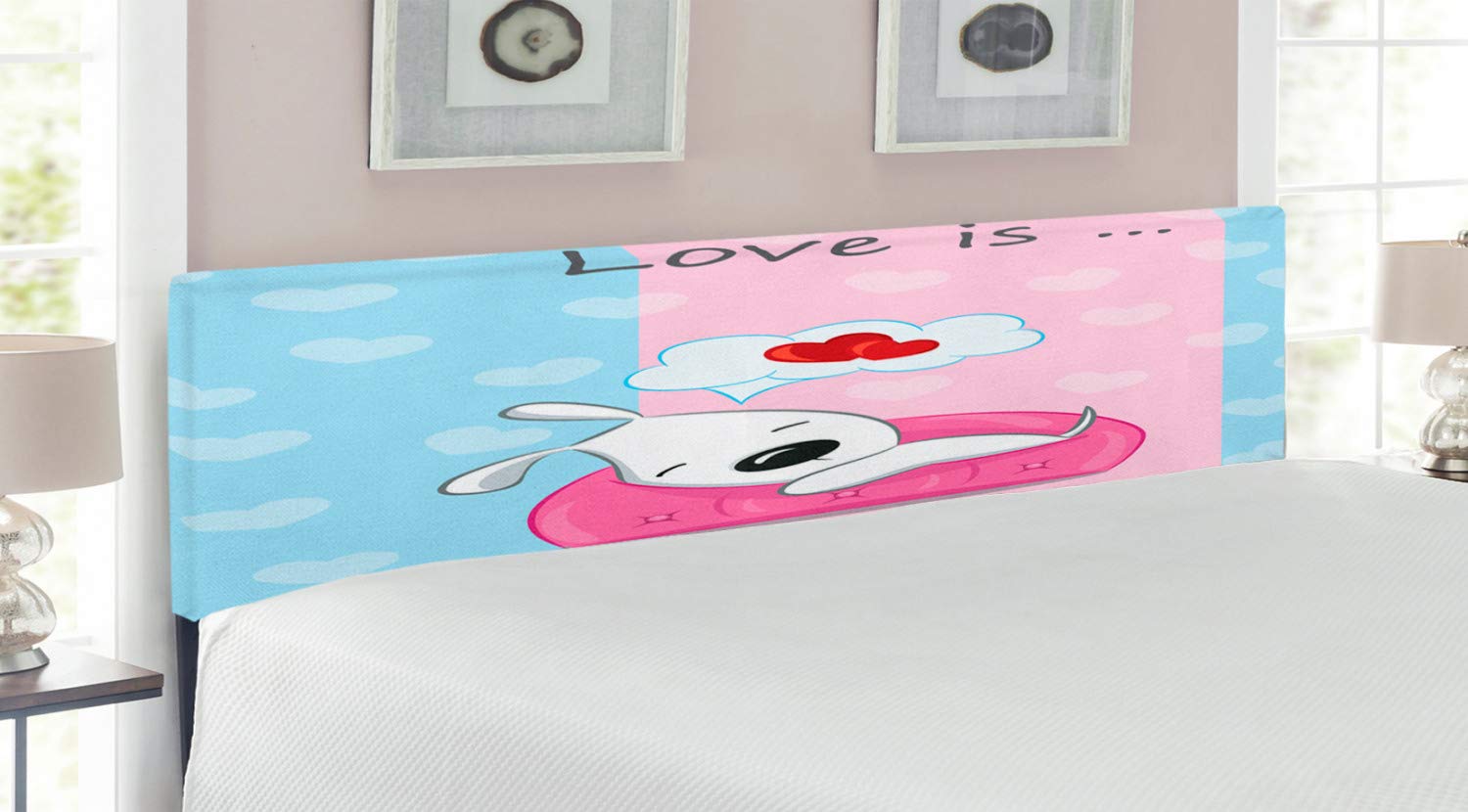 Ambesonne Dog Headboard - King Size Upholstered Decorative Metal Bed Headboard with Memory Foam, Puppy Dreaming on Sofa Valentine Theme Artwork in Blue Pink White - Perfect for Pet Lovers' Bedroom Decor and Cozy Sleeping Space