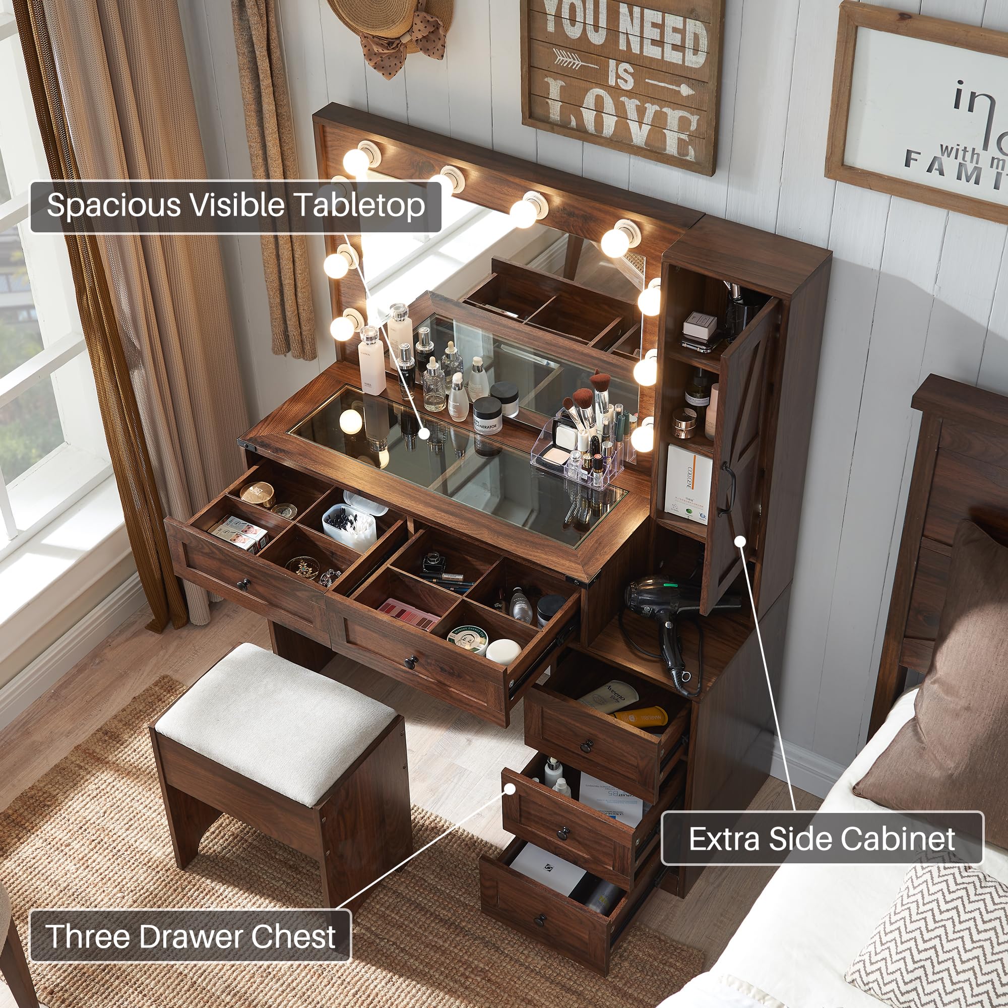 Farmhouse Vanity Makeup Desk with USB Charging Station, 43