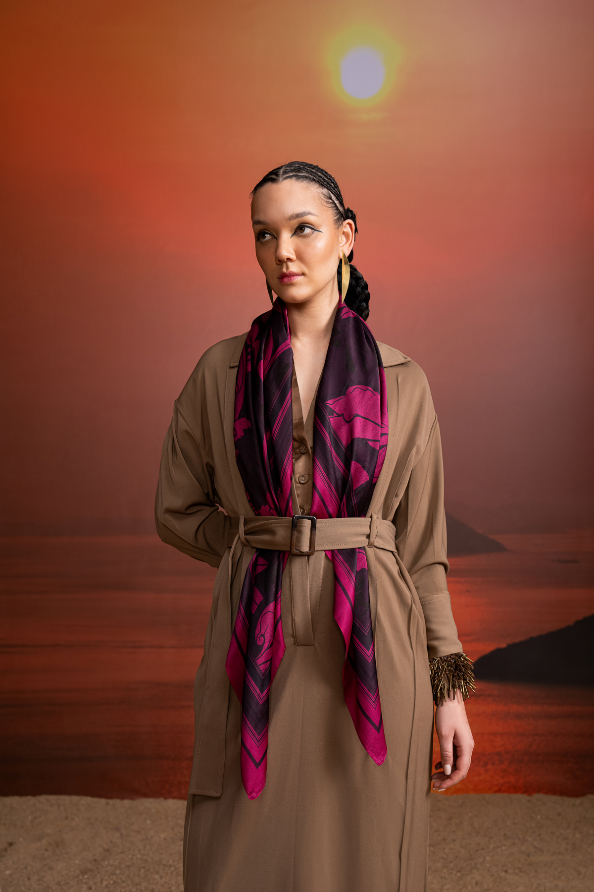 Elegant Beige Shirt Dress with Adjustable Belt & Beaded Spiked Cuff Lining - Perfect for Office Wear, Casual Outings and Special Occasions