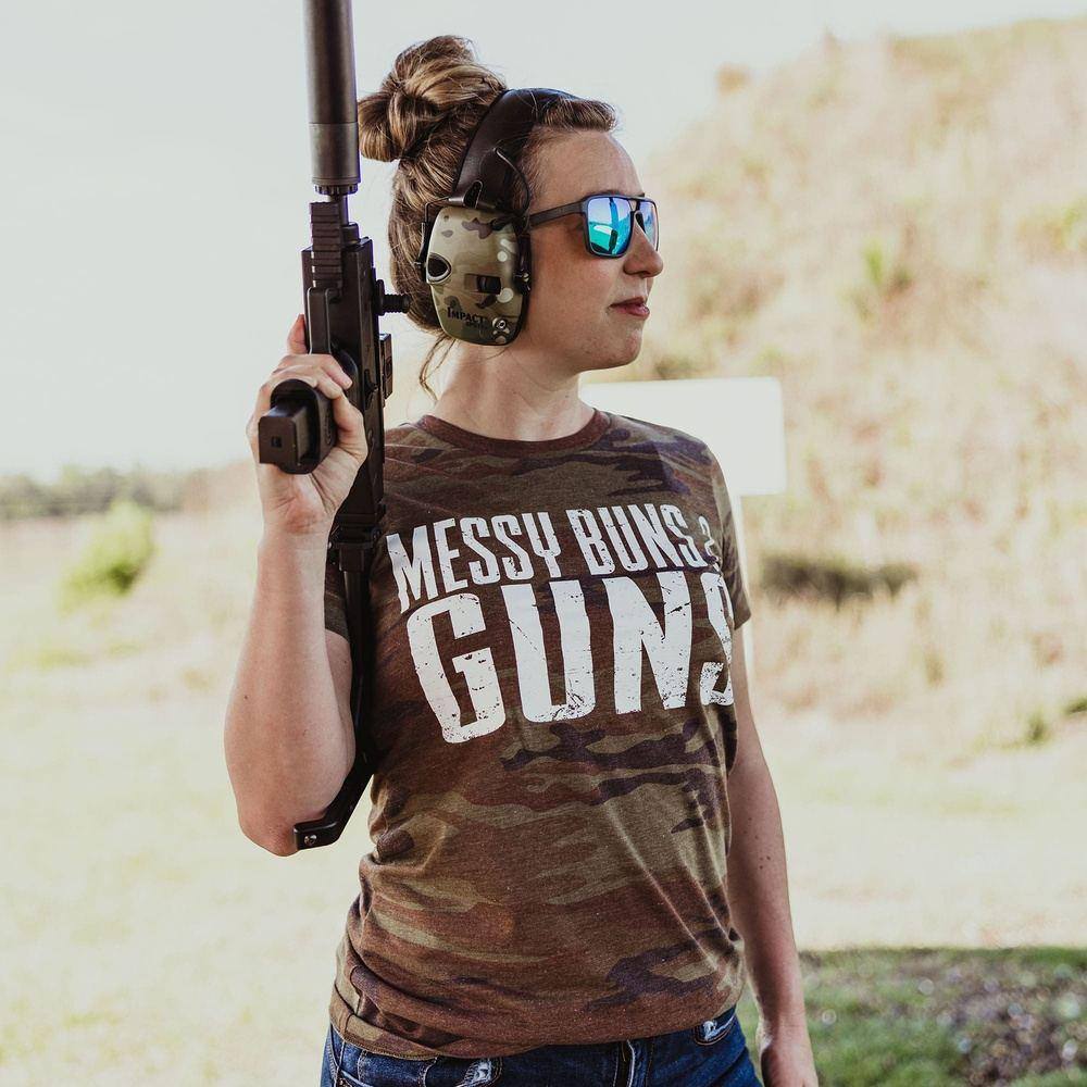 Women's Messy Buns & Guns Graphic T-Shirt - Woodland Camo Print Casual Tee for Gym, Workout & Everyday Wear