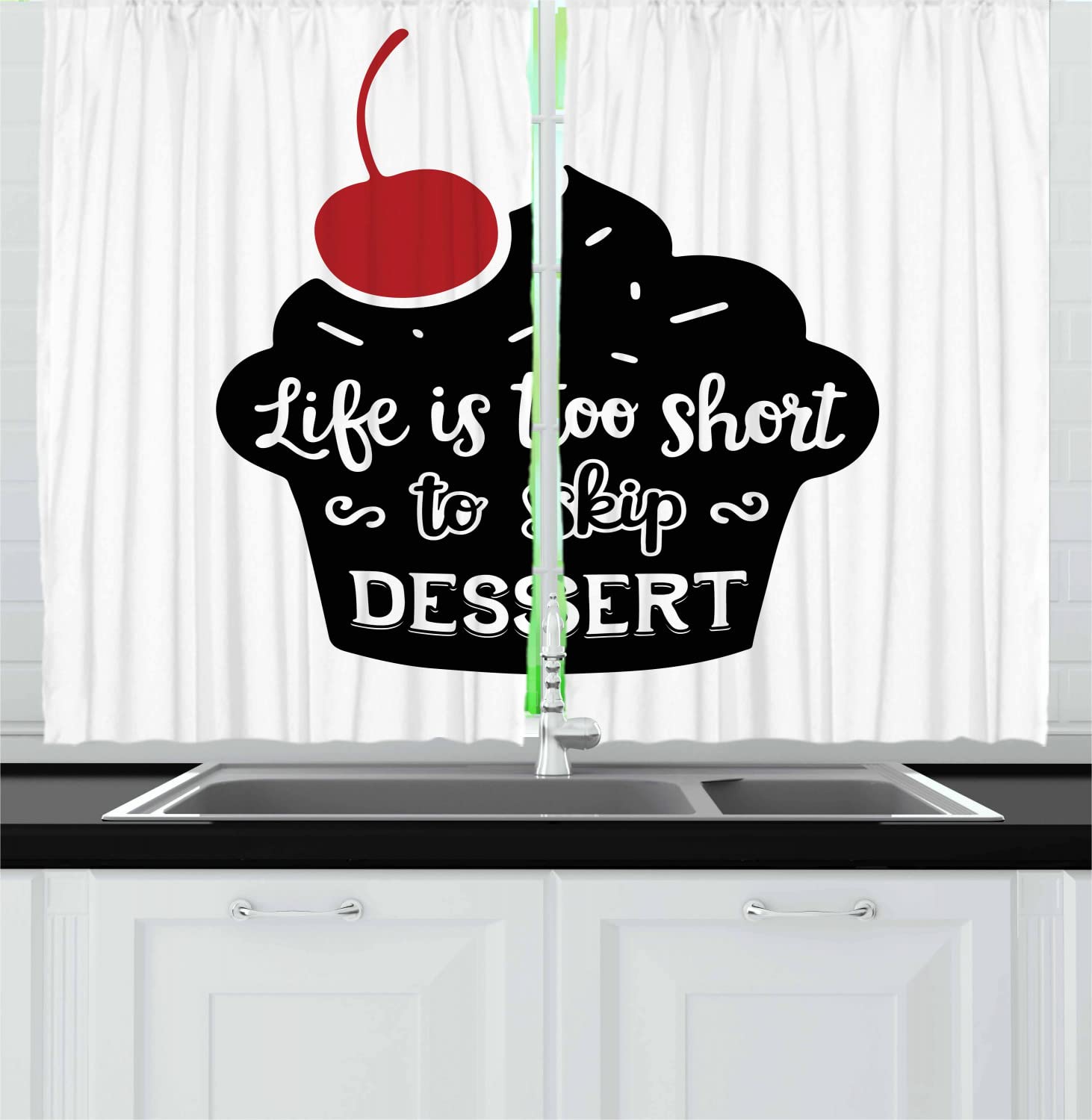 Ambesonne Dessert Themed Long Kitchen Curtains - 'Life is Too Short to Skip Dessert' Printed with Muffin & Cherry Silhouette - 2 Panel Rod Pocket Window Drapes for Dining Room Decor - 55 x 45 Inches Red Black White - Perfect for Coffee Shops, Bakeries & Sweet-Themed Kitchens