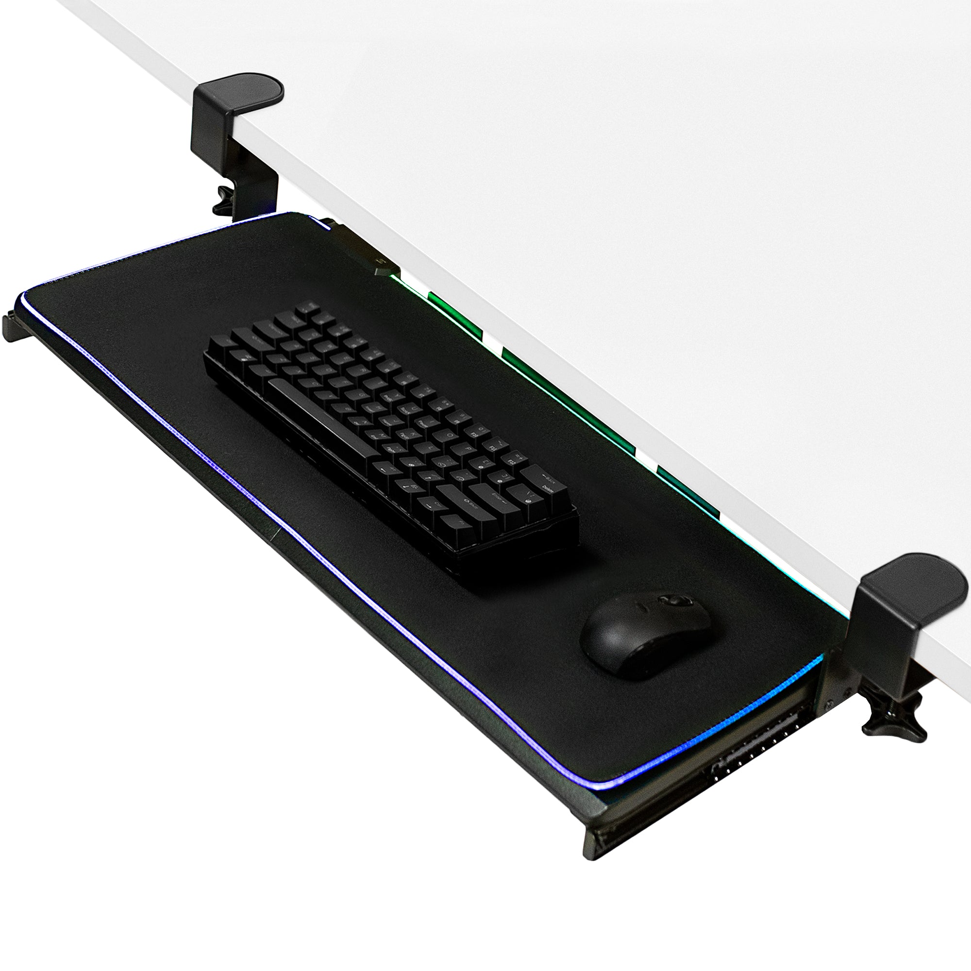 Adjustable Clamp-On Keyboard Tray with RGB Lighting - Ergonomic Under Desk Mount for Gaming & Office Workstations