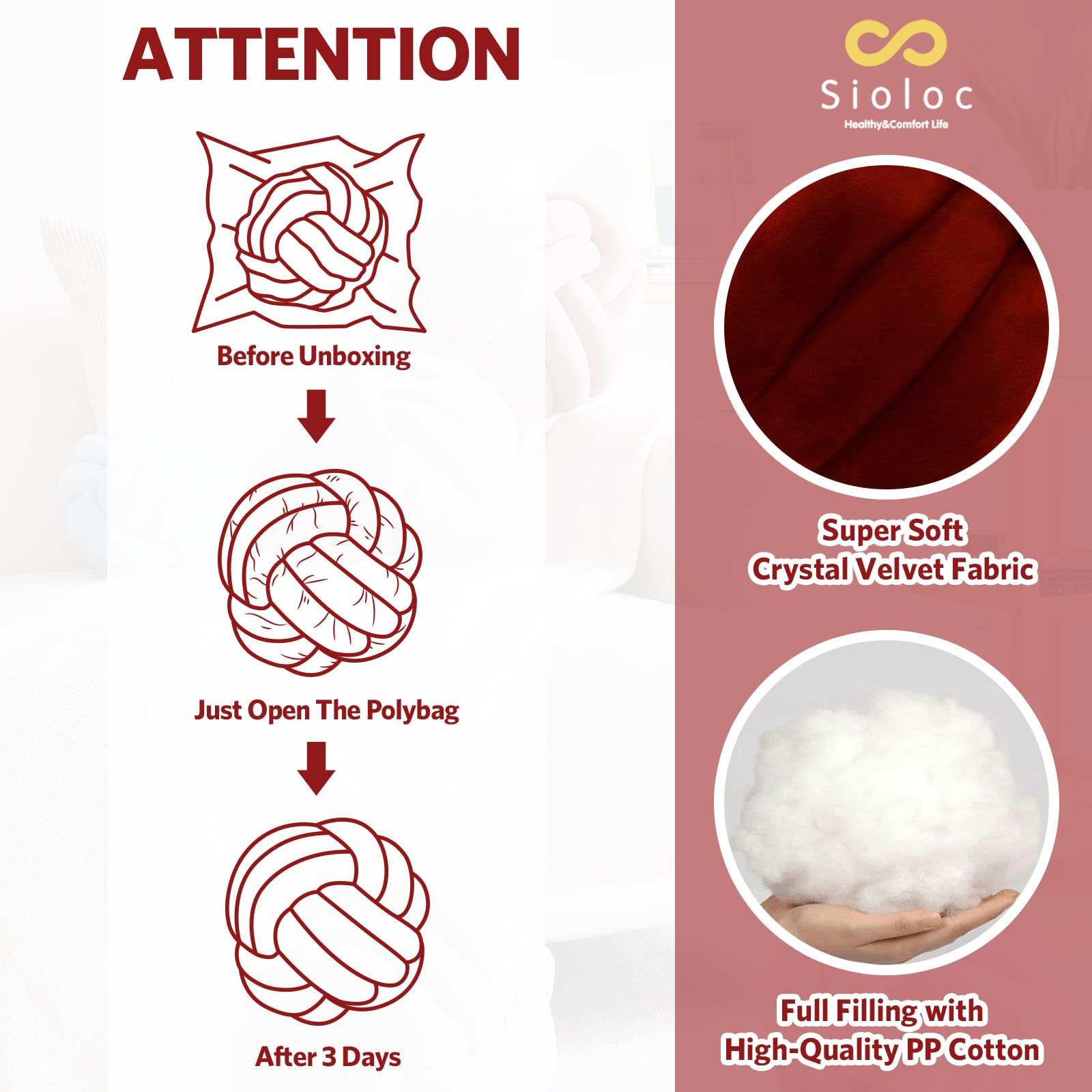 Soft Knot Ball Pillows - Round Throw Pillow Cushion for Home Decor, Handmade Plush Knotted Pillow (7.8 Inches, Burgundy) - Perfect for Sofa, Bed, Nursery & Cozy Living Room Accent