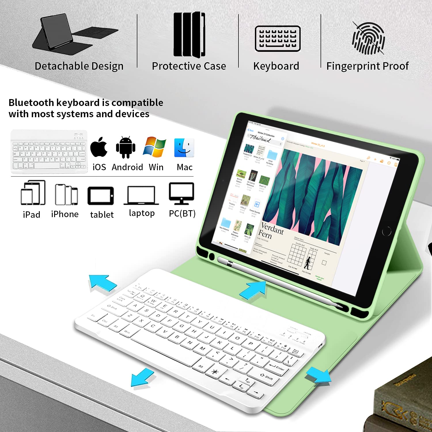Kenke Ultra Slim Wireless Keyboard Case for iPad 9.7 inch (6th/5th Gen & Air 2/1) - Lightweight Smart Cover with Apple Pencil Holder & Magnetic Detachment - Green | Perfect for Work, Study & Travel
