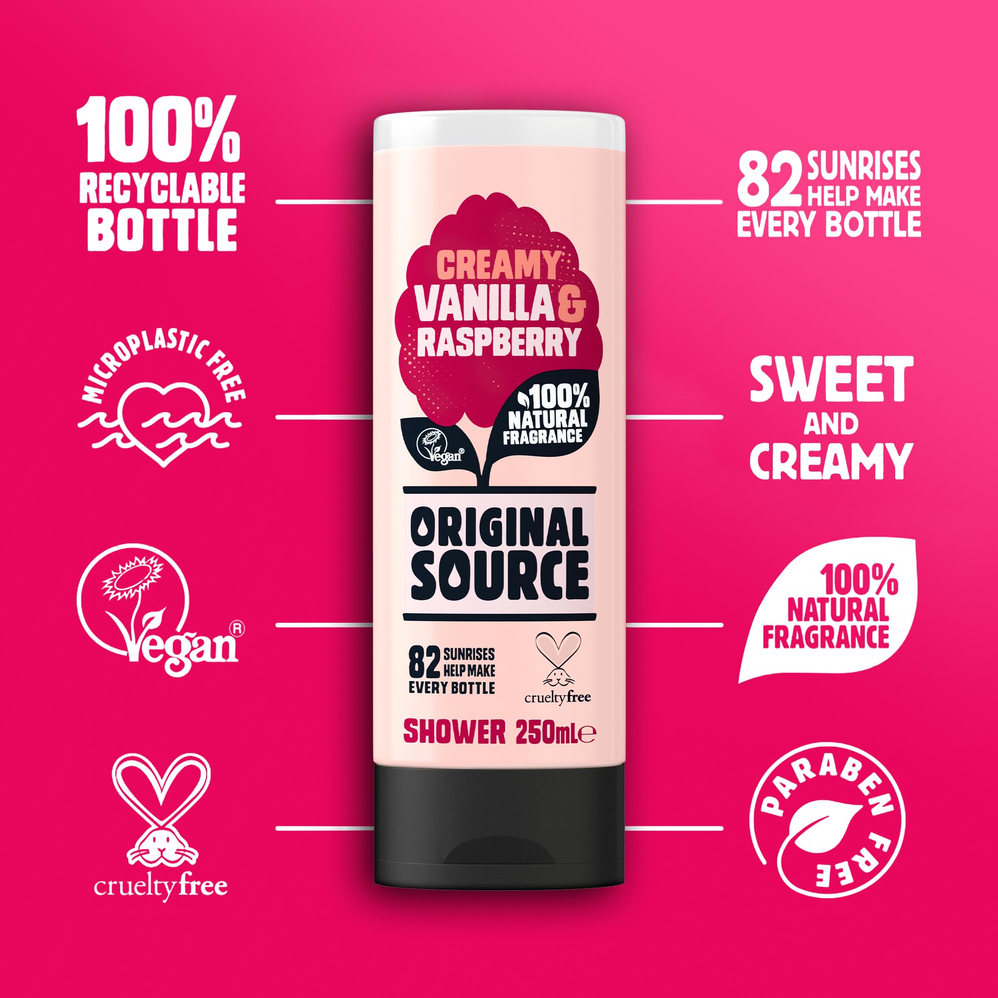 Original Source Vanilla Milk & Raspberry Shower Gel 8.4oz (250ml) - Moisturizing Body Wash for Dry Skin, Vegan & Cruelty-Free - Perfect for Daily Shower & Spa Relaxation