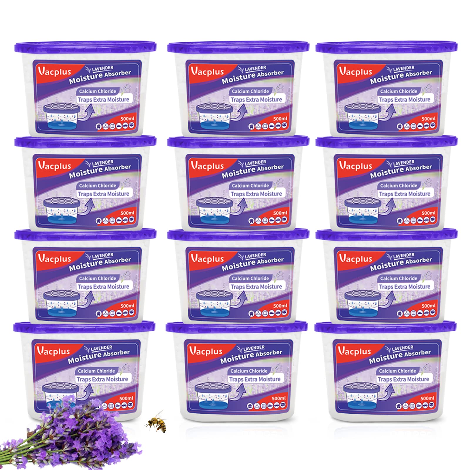Vacplus 12 Pack Moisture Absorbers (10.5 Oz) - Lavender Scented Dehumidifier Boxes for Bathroom, Closet & Kitchen | Eliminates Excess Humidity & Odors | Ideal for Small Spaces, Wardrobes & Laundry Rooms