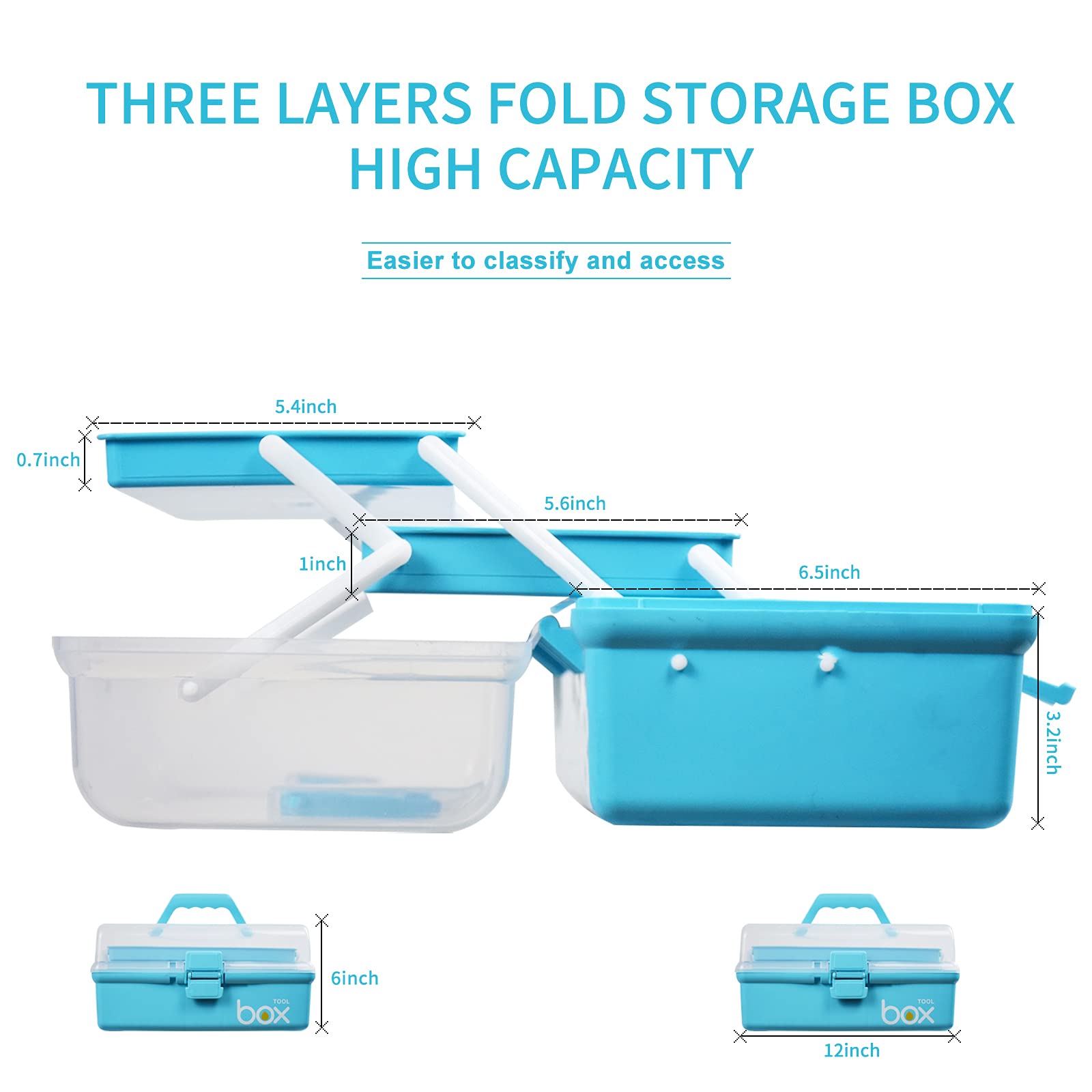 12in Three-Layer Multipurpose Storage Box - Foldable Organizer for Tools, Arts & Crafts, Sewing Supplies, Medicine & First Aid Kit with 2 Trays (Blue) | Perfect for Home, Office, Workshop & Travel Organization
