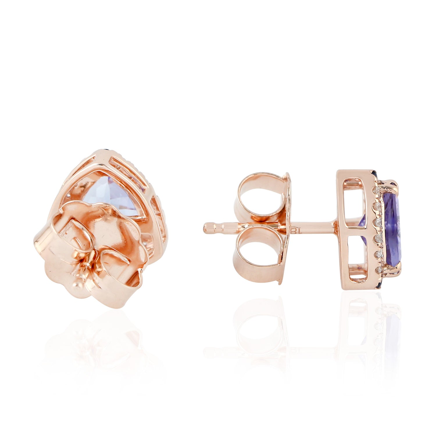 Blue Sapphire Triangle Tanzanite Diamond Stud Earrings in 18K Rose Gold - Elegant Jewelry for Women, Perfect for Weddings, Parties & Special Occasions