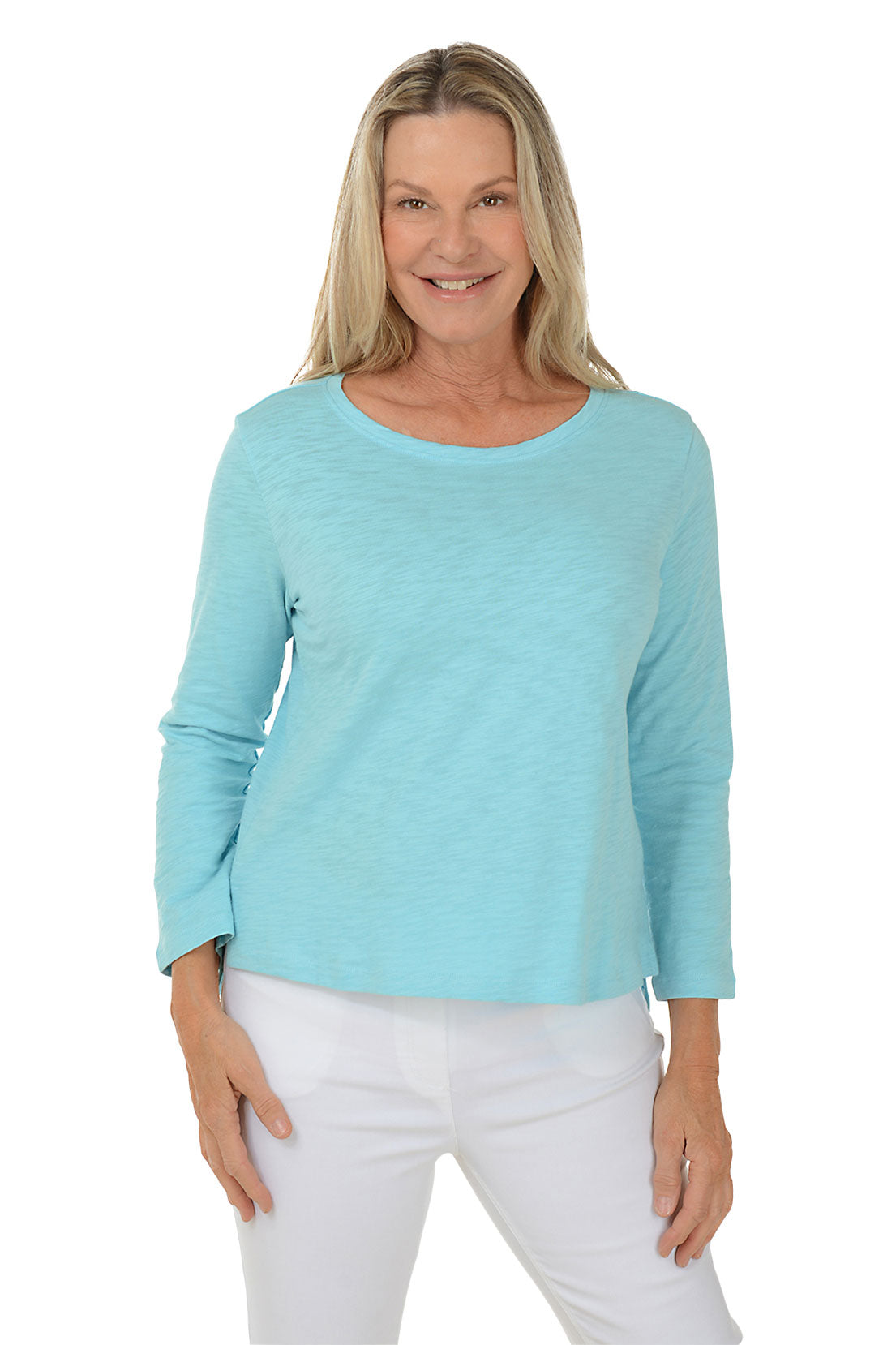 Stylish High Low 3/4 Sleeve Knit Top for Women - Trendy Asymmetrical Hem Casual Blouse for Office Wear & Date Night Outfits