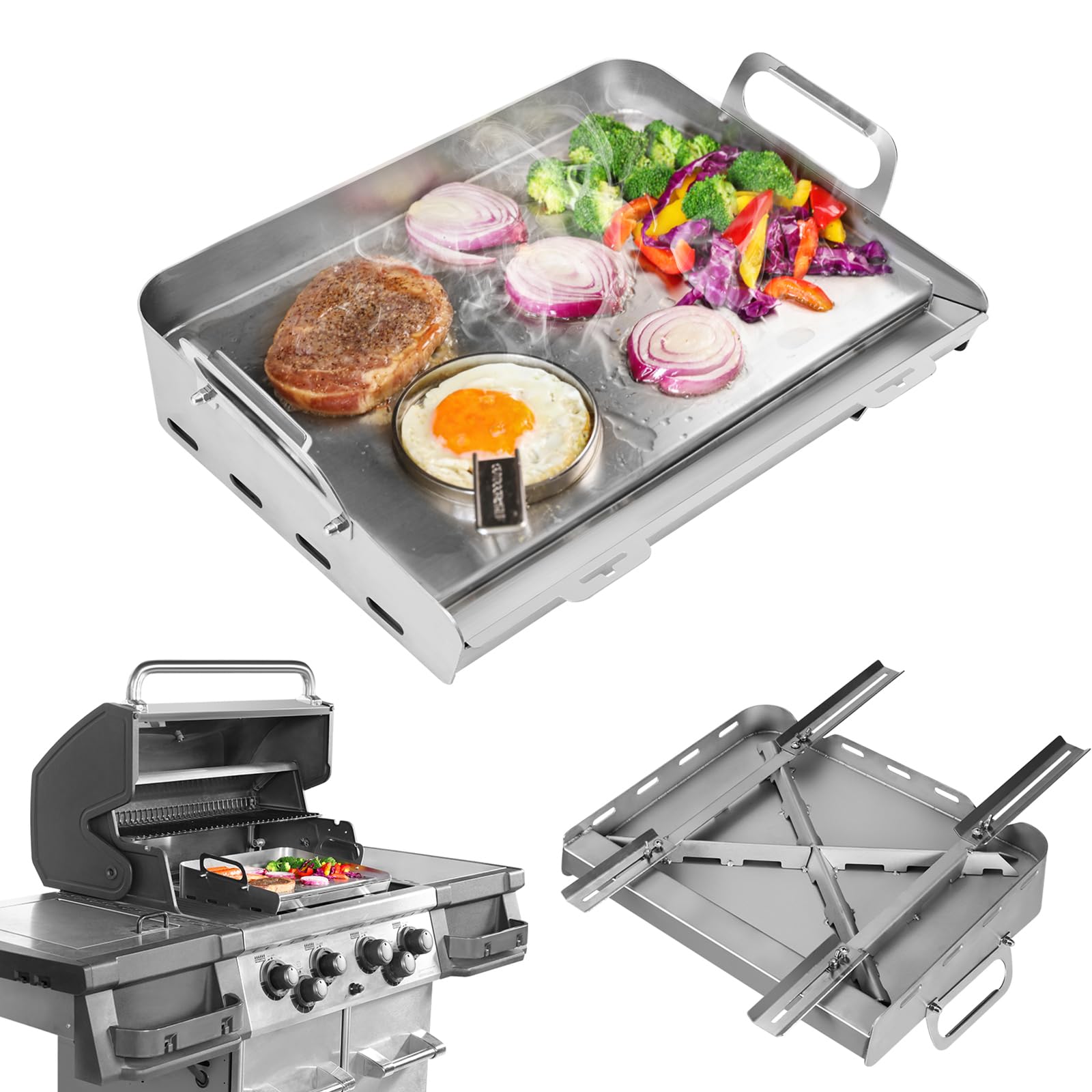 Stainless Steel Griddle for Gas Grill - 17x13 Inch Flat Top Grill with Removable Grease Tray | Perfect for Camping, Tailgating & Outdoor Cooking | Stovetop Griddle for Gas Burners, BBQs & Patio Parties