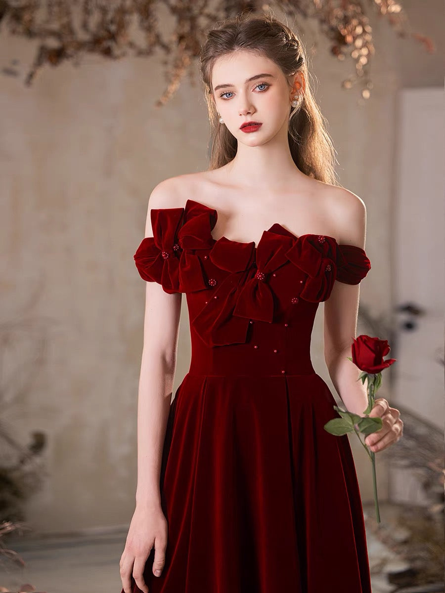 Elegant A-Line Off Shoulder Velvet Burgundy Long Prom Dress for Women - Formal Evening Gown for Homecoming, Wedding, and Special Occasions