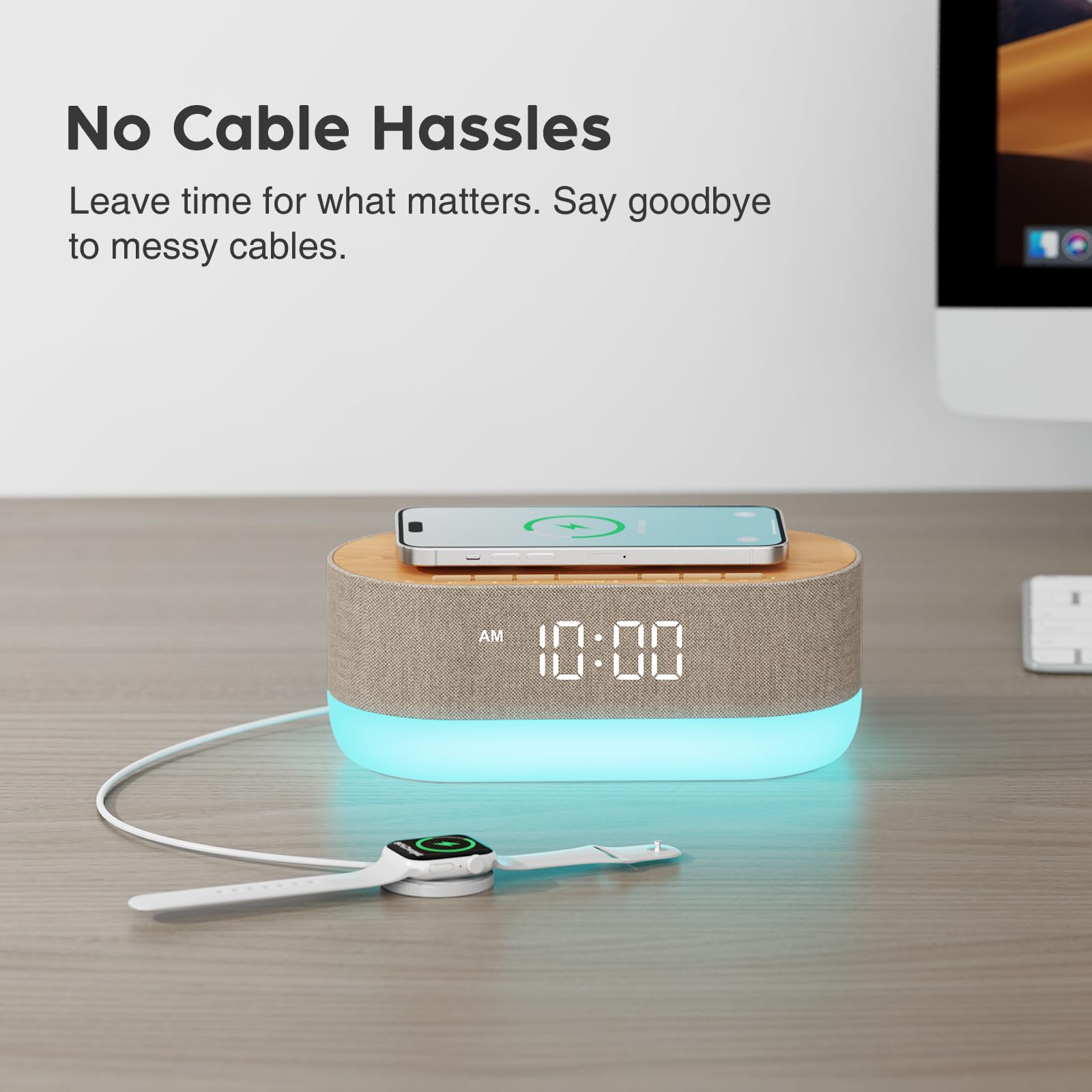 HOUSBAY 3-in-1 Alarm Clock Radio with Wireless Charger & Bluetooth Speaker - 10W Fast Charging for iPhone Samsung - Dimmable Night Light & Soft Alarm - Digital Bedside Clock for Bedroom Office (Wood Tone) - Perfect for Nightstands, Home Decor & Gift Giving