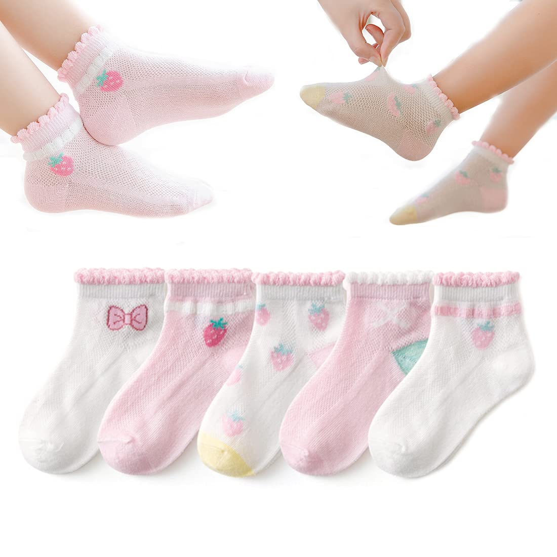 Baby Girls Princess Ruffle Lace Socks - 5 Pack Toddler Summer Cotton Ankle Socks with Mesh Design | Perfect for Dressy Occasions, Parties & Everyday Wear