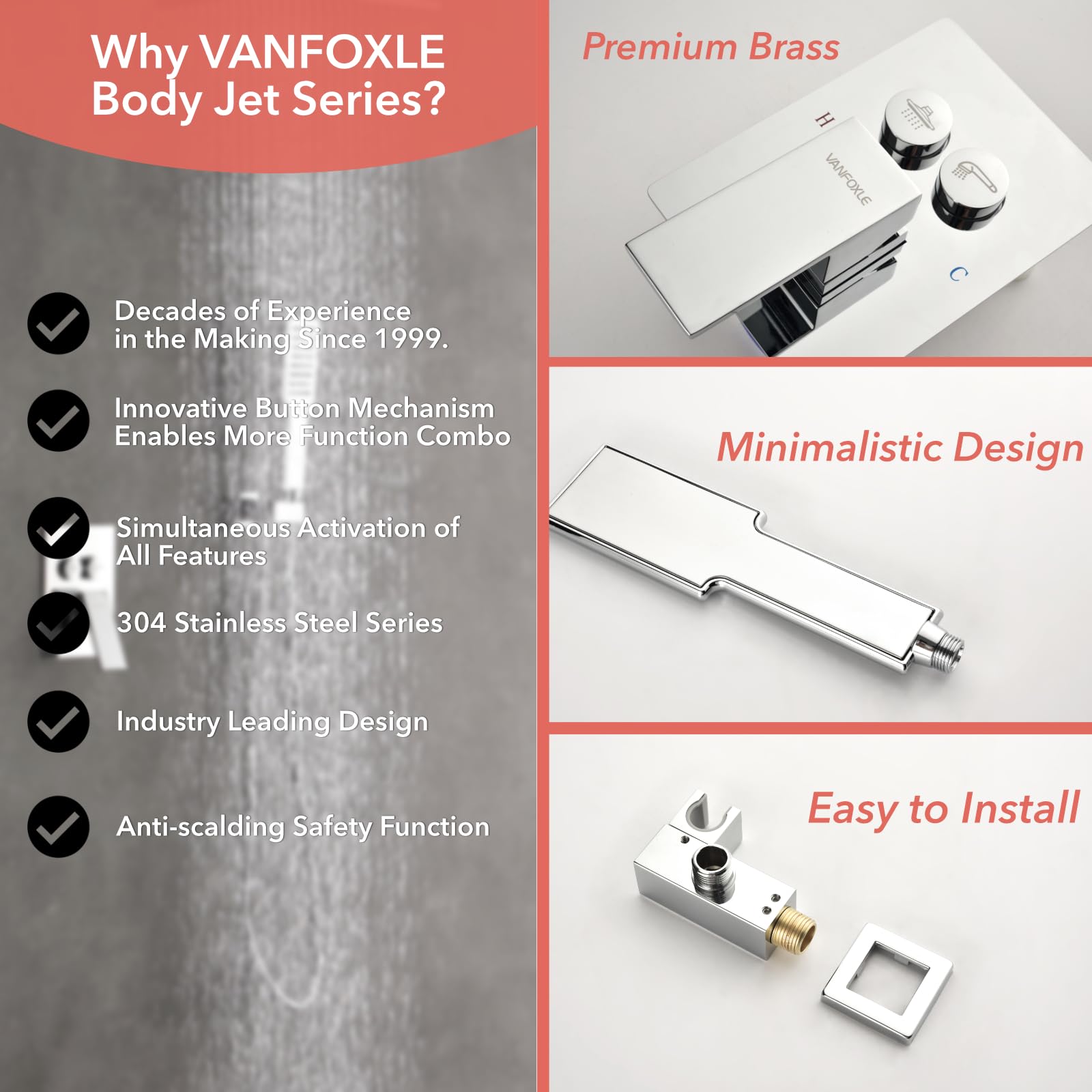 VANFOXLE Chrome Push-Button Shower Faucet Set - 10 Inch Rainfall Shower Head Combo with Wall Mounted Fixture for Modern Bathroom | Perfect for Spa-Like Experience, Master Bath & Luxury Home Renovation
