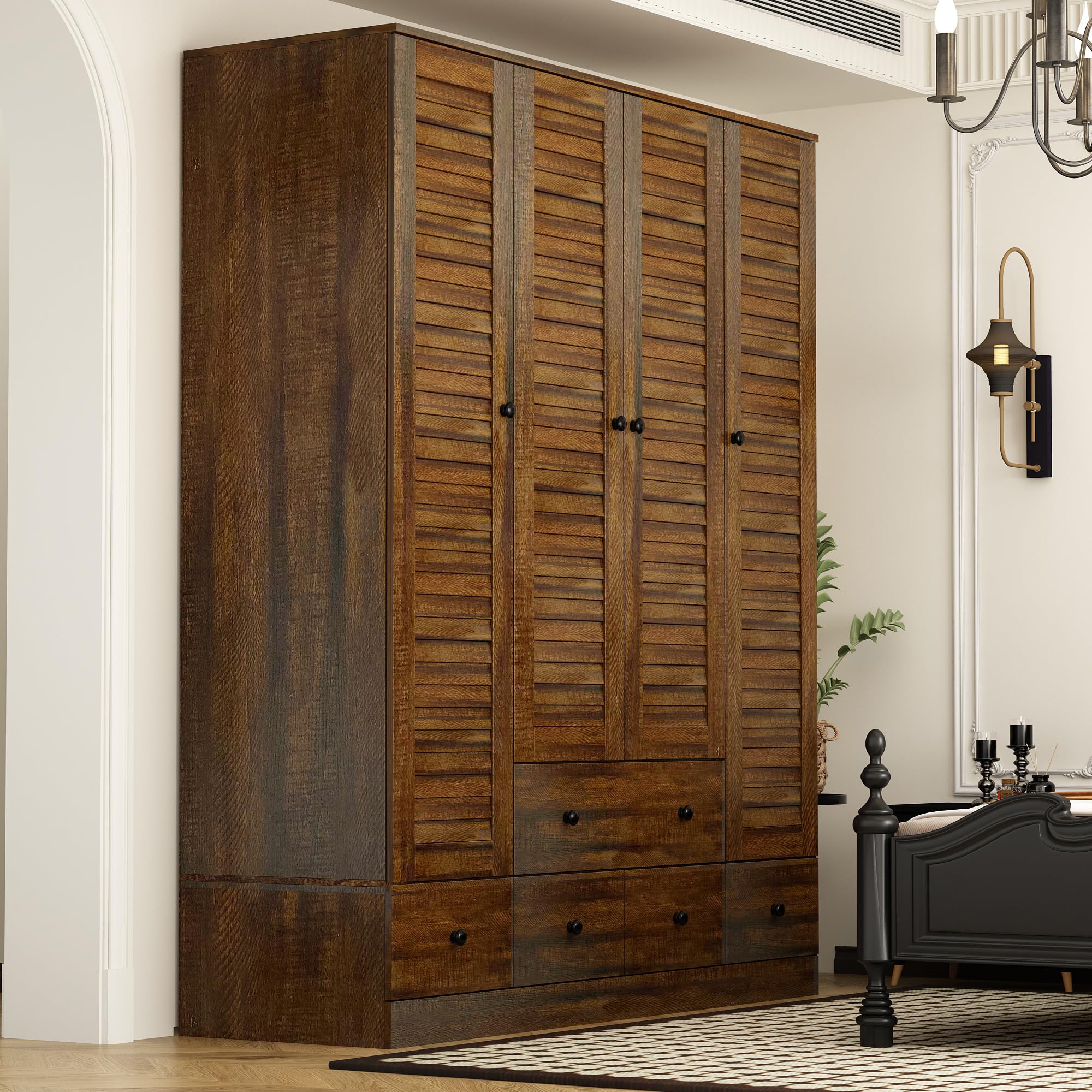 ECACAD Large Wooden Wardrobe Armoire with 5 Drawers, Multi-Tier Shelves & Hanging Rod - 4 Louver Door Closet Storage Cabinet for Bedroom (59.1”W x 19.1”D x 70.5”H) - Perfect for Organizing Clothes, Shoes & Accessories in Small Spaces