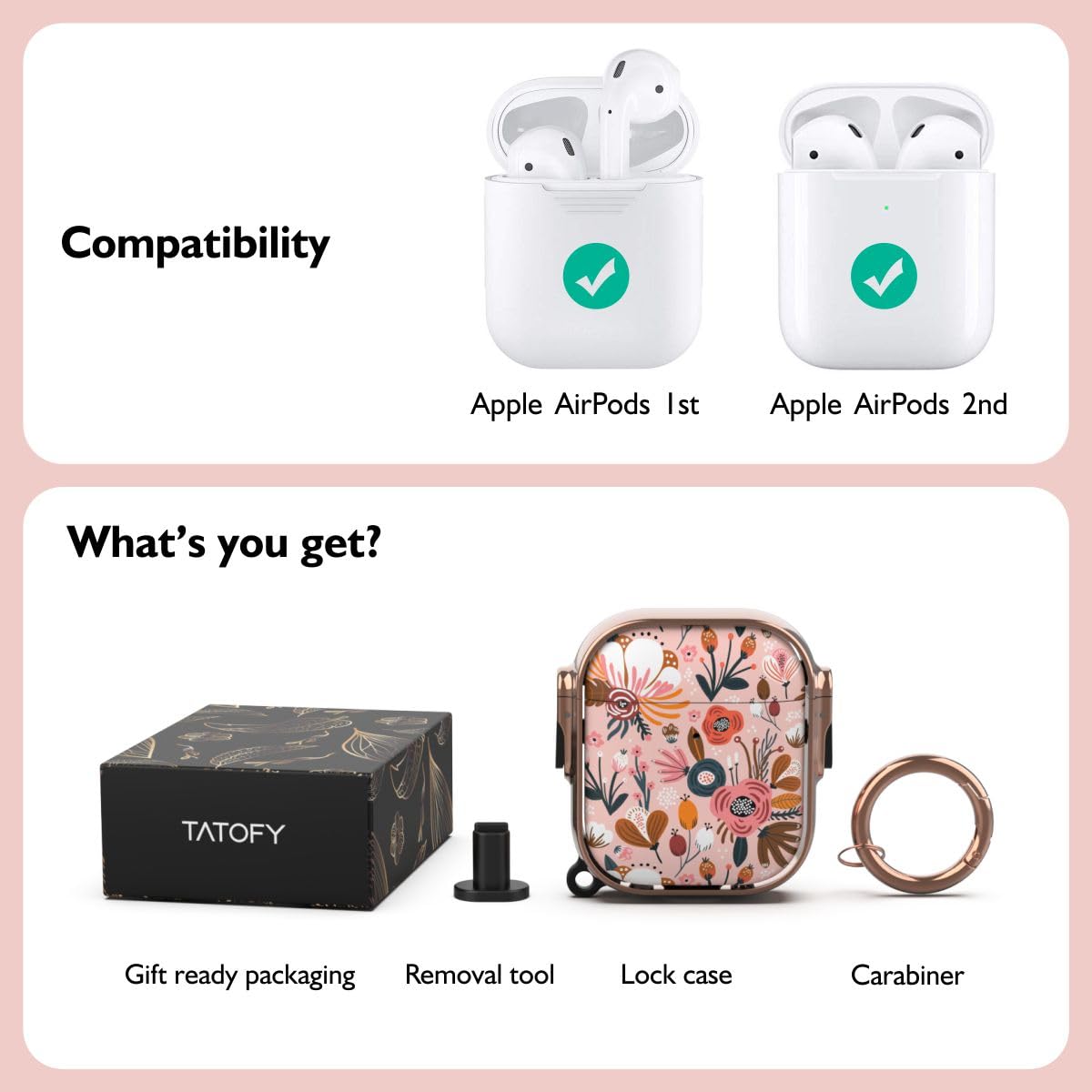 TATOFY AirPods 1/2 Case with Lock - Pink for Women & Men | Travel Protection
