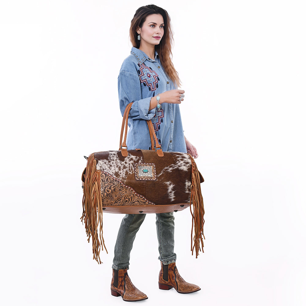 American Darling ADBG608 Genuine Leather Women's Western Handbag - Hand Tooled Hair On Hide Duffel Bag & Purse for Cowgirl Style, Rodeo Events and Western Fashion Accessories