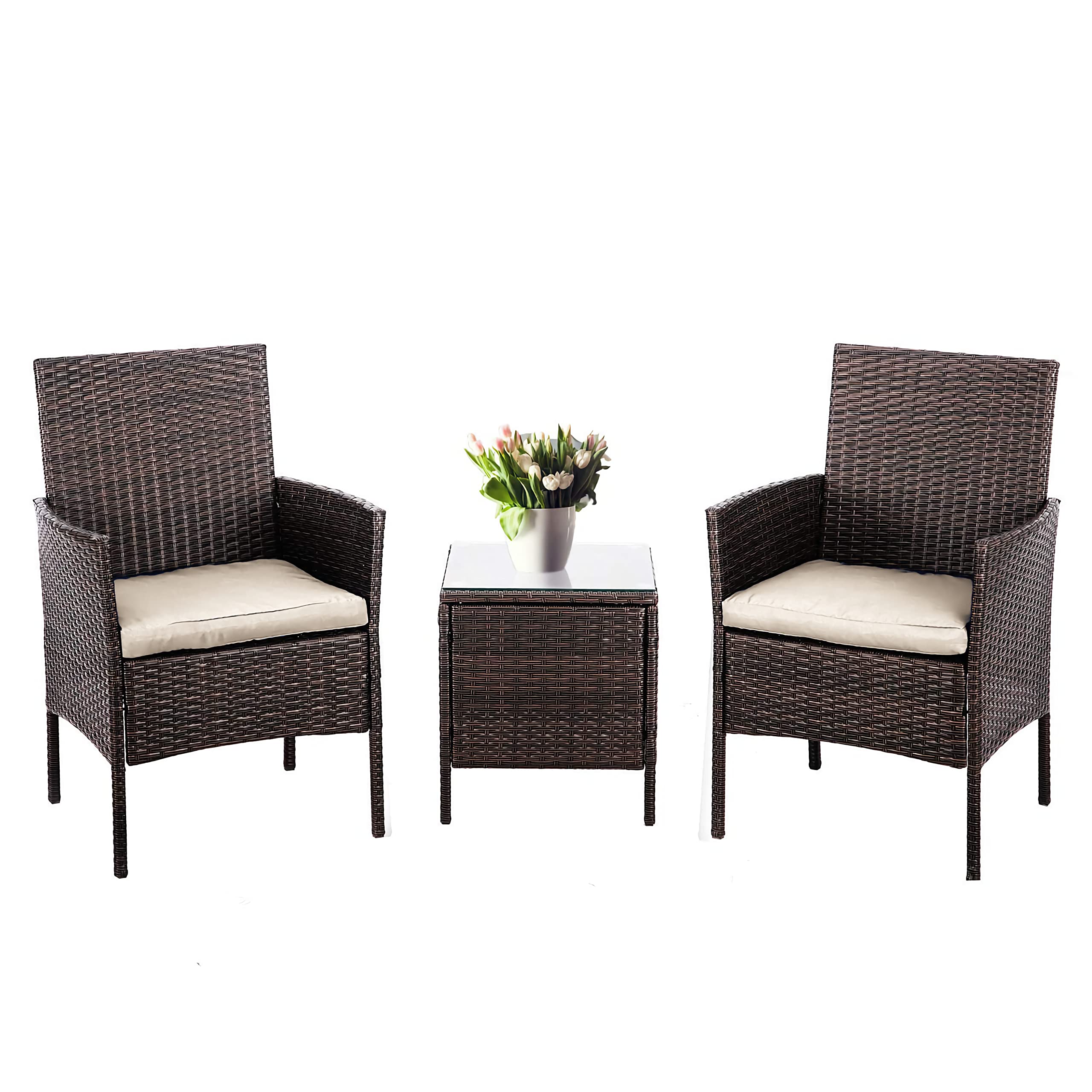 Modern 3-Piece Pyramid Alvino Patio Bistro Set - Outdoor Wicker Furniture with Thick Cushions & Glass Top Coffee Table - Rattan Garden Conversation Set for Patio, Balcony or Backyard (Coffee Brown) - Perfect for Outdoor Dining, Relaxing & Entertaining Guests
