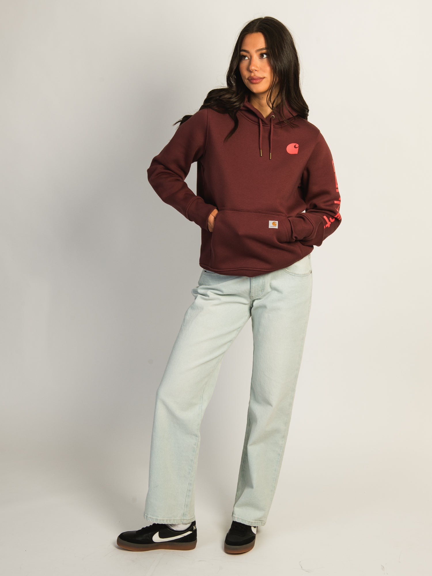 Carhartt Logo Sleeve Pullover Hoodie - Men's Heavyweight Fleece Sweatshirt for Work & Outdoor Activities | Barnwood Color