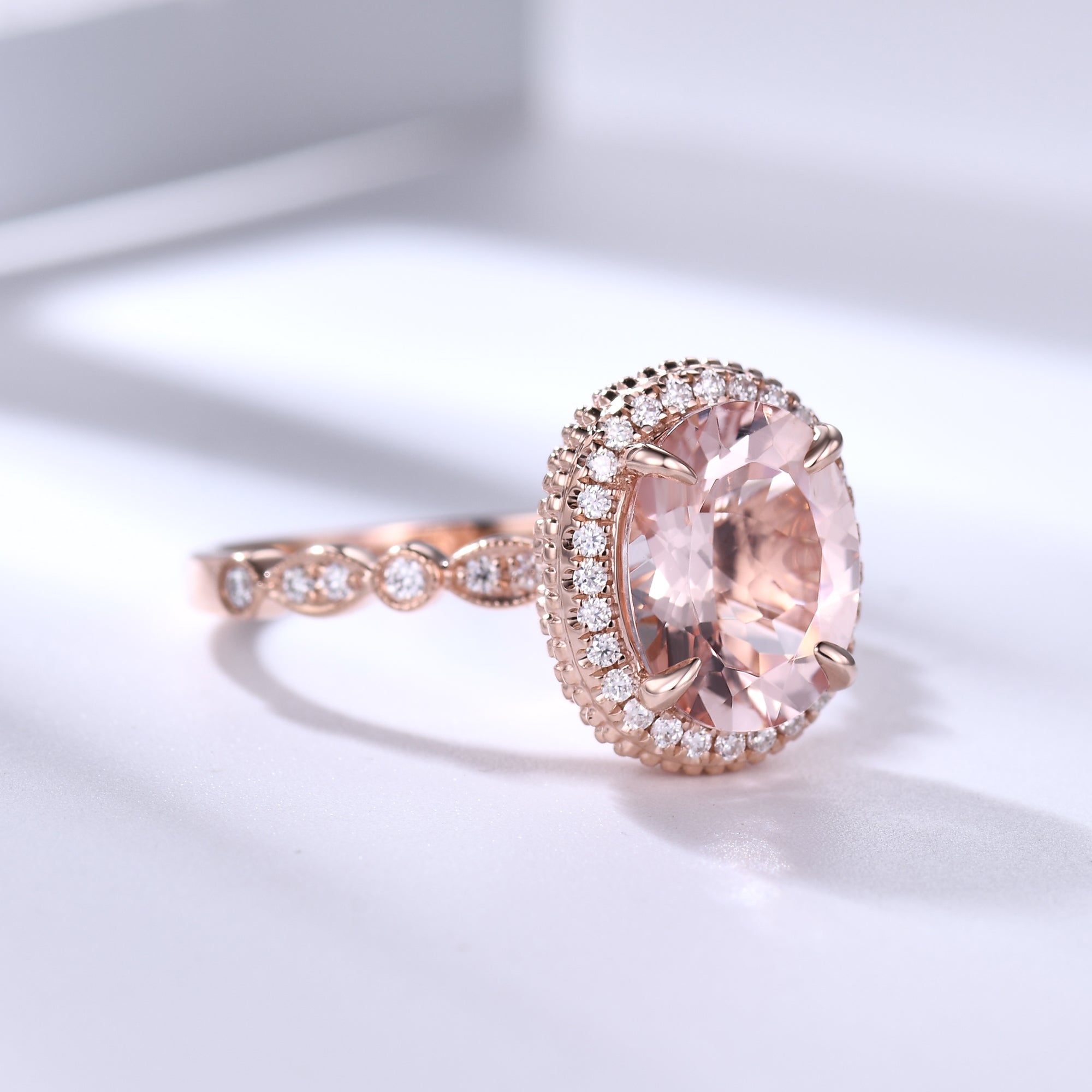 Vintage Peach Morganite Engagement Ring with Hidden Halo - 8x10mm Oval Cut Rose Gold Art Deco Style Ring for Wedding, Proposal & Anniversary Gifts