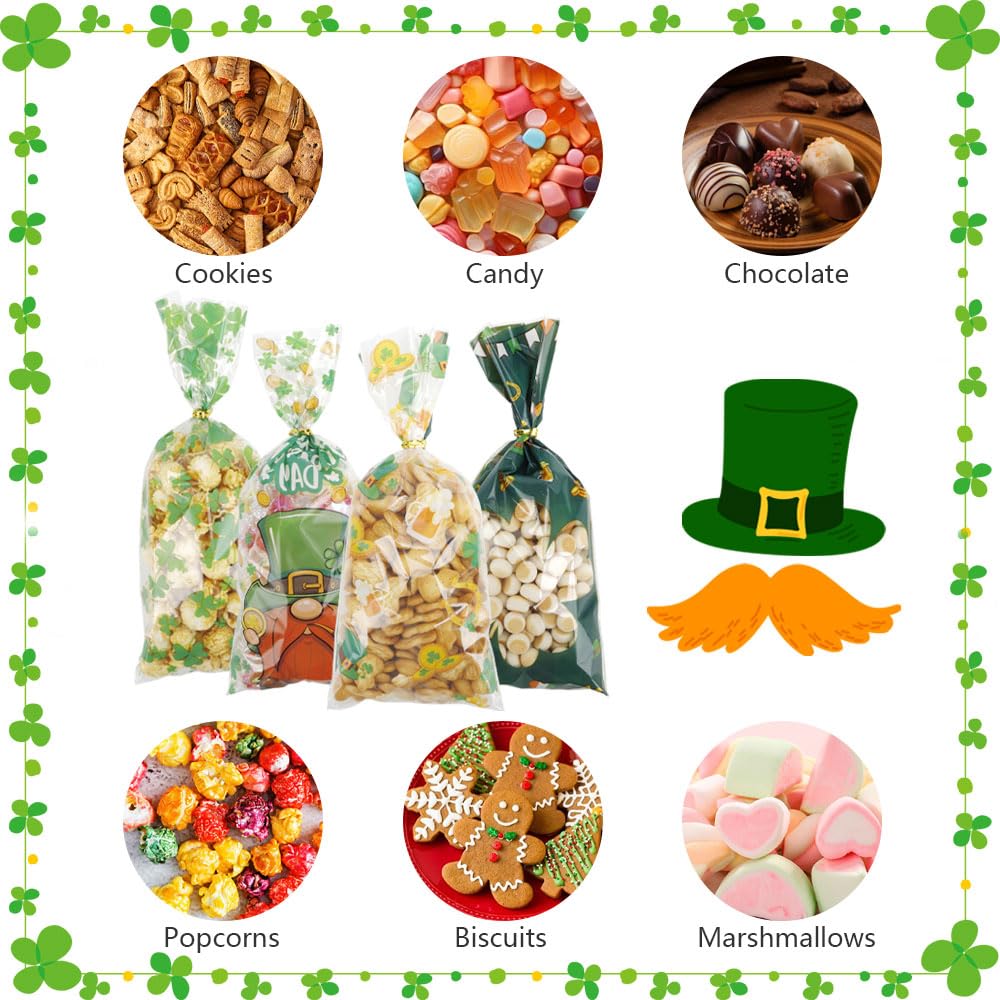 St. Patrick's Day Green Shamrock Cellophane Treat Bags - 100PCS with Twist Ties for Candy, Gifts & Party Favors | Perfect for St. Patrick's Day Celebrations, Irish Themed Parties, Classroom Treats & Holiday Goodie Bags