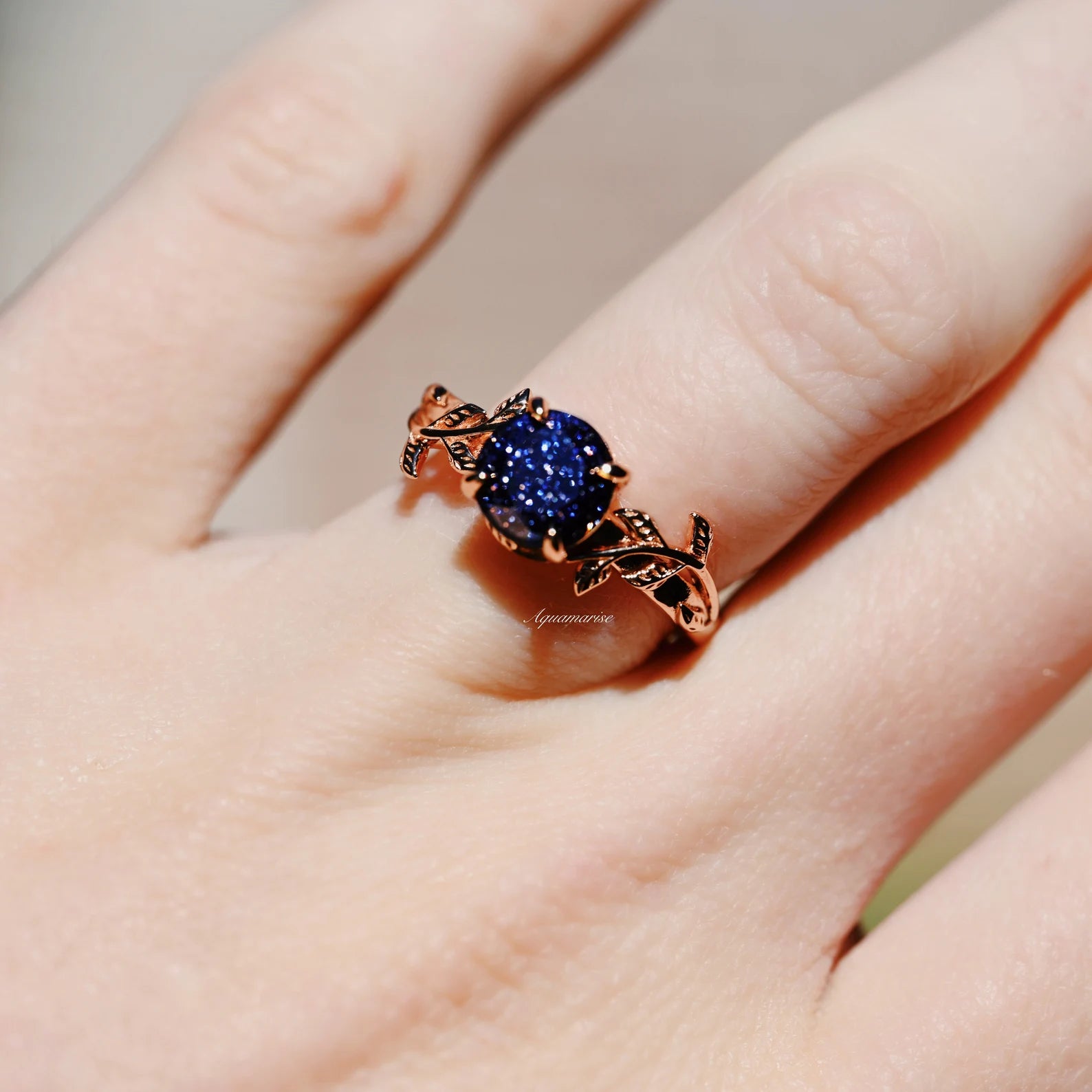 14K Rose Gold Vermeil Galaxy Sandstone (Starry Night) Leaf Ring - Elegant Bohemian Jewelry for Women, Perfect for Weddings, Parties & Everyday Wear