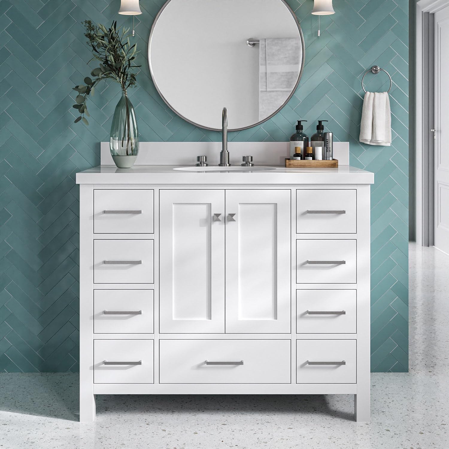 ARIEL Cambridge 43 Inch White Bathroom Vanity with Sink - Solid Wood Cabinet, Quartz Countertop & Oval Undermount Sink - 2 Soft-Closing Doors & 9 Drawers - Perfect for Modern Bathrooms, Master Bath Suites & Powder Rooms