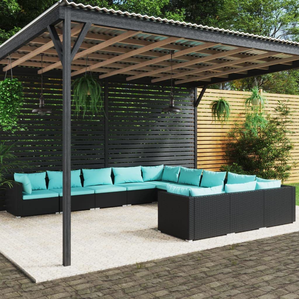 11-Piece Patio Lounge Set with Cushions - Durable Black Poly Rattan Outdoor Furniture - Weatherproof & Water-Resistant Modular Design for Easy Arrangement - Perfect for Backyard, Poolside & Garden Relaxation