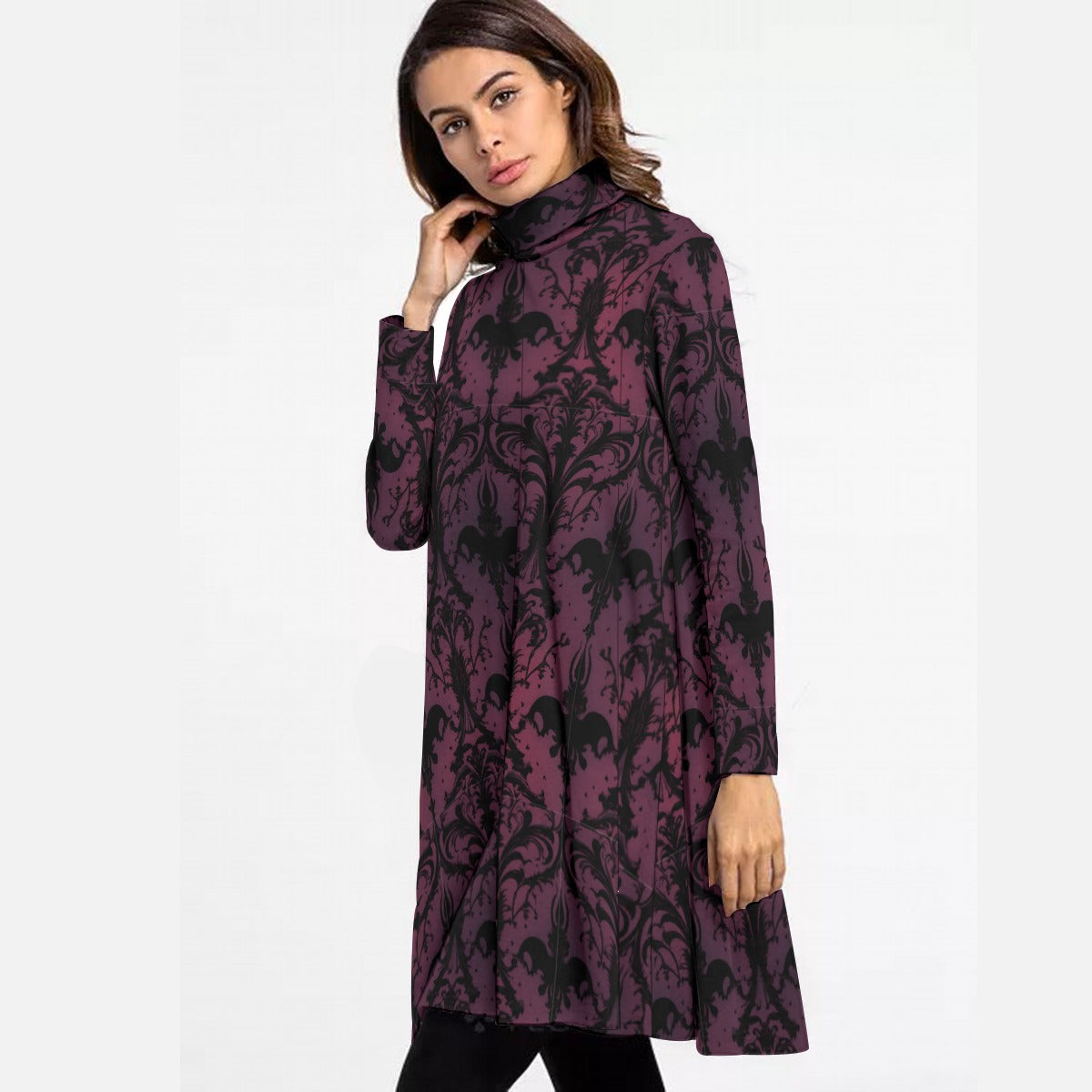 Gothic Purple and Black High Neck Long Sleeve Dress for Women | Elegant Gothic Fashion for Parties, Halloween, and Night Out