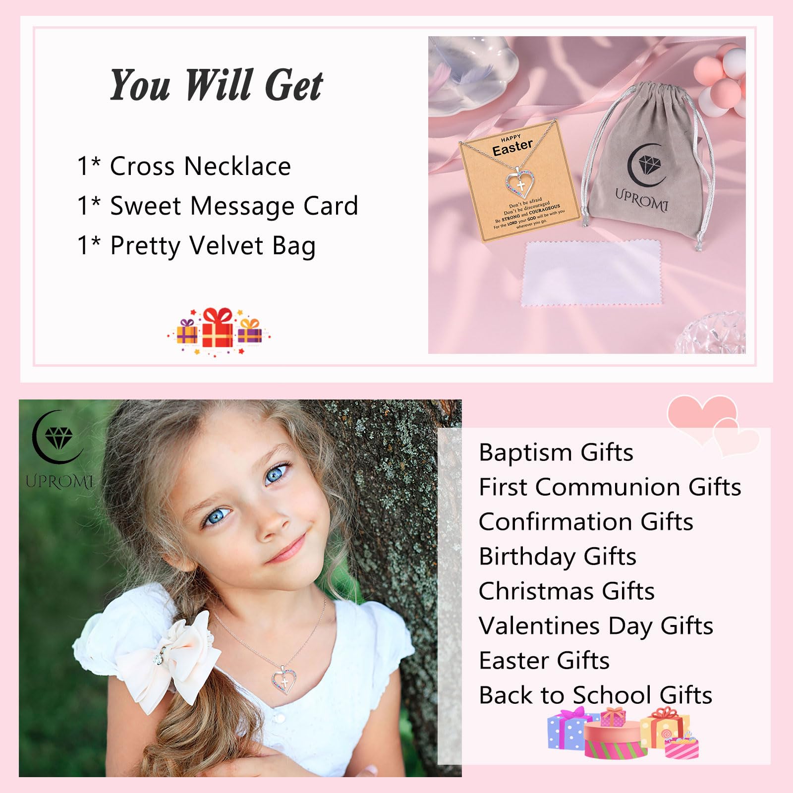 UPROMI Cross Necklace for Girls - Elegant Religious Jewelry for Baptism, First Communion, Confirmation, Graduation & Back to School Gifts | Perfect for Church, Weddings, Daily Wear & Special Occasions