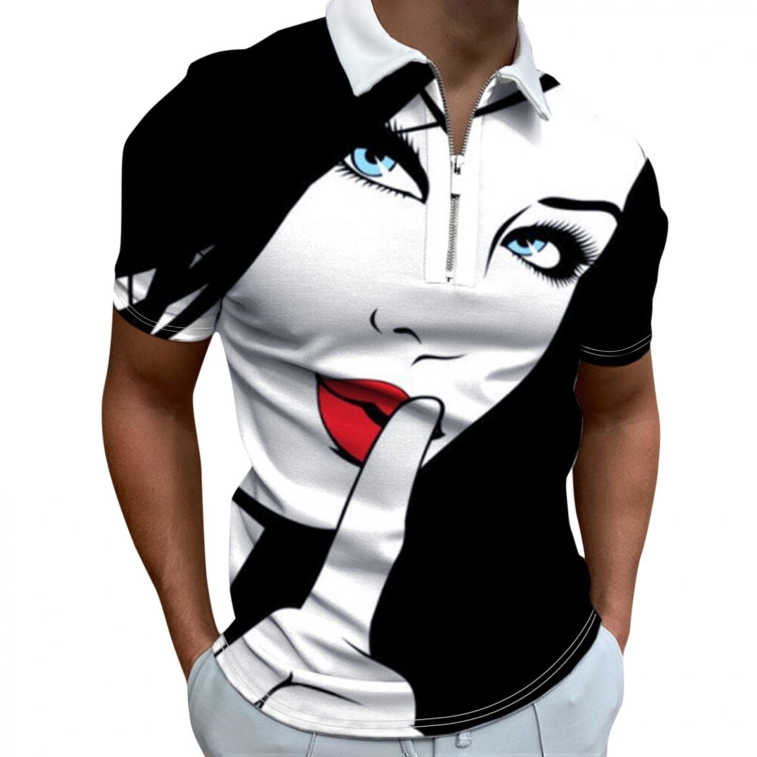 **Sertiohcv Men's Summer Graphic Print Zipper Polo Shirt - Loose Collar Short Sleeve Casual T-Shirt for Outdoor, Work & Travel**