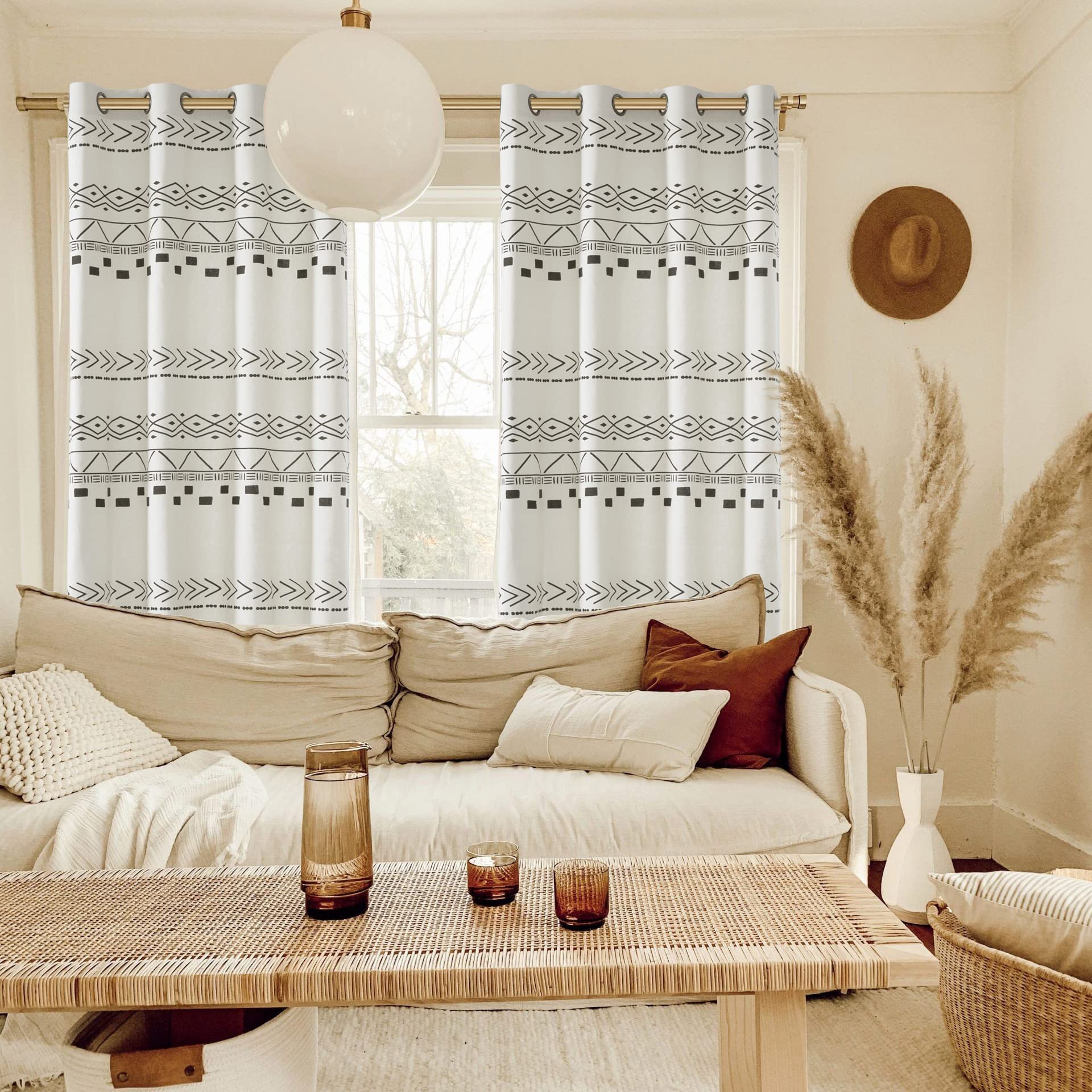 Farmhouse Curtains for Living Room & Bedroom - Neutral Country Semi Blackout Boho Drapes in Off White, Ivory Cream & Black - 84 Inch Length - Perfect for Cozy Farmhouse Decor & Light Control