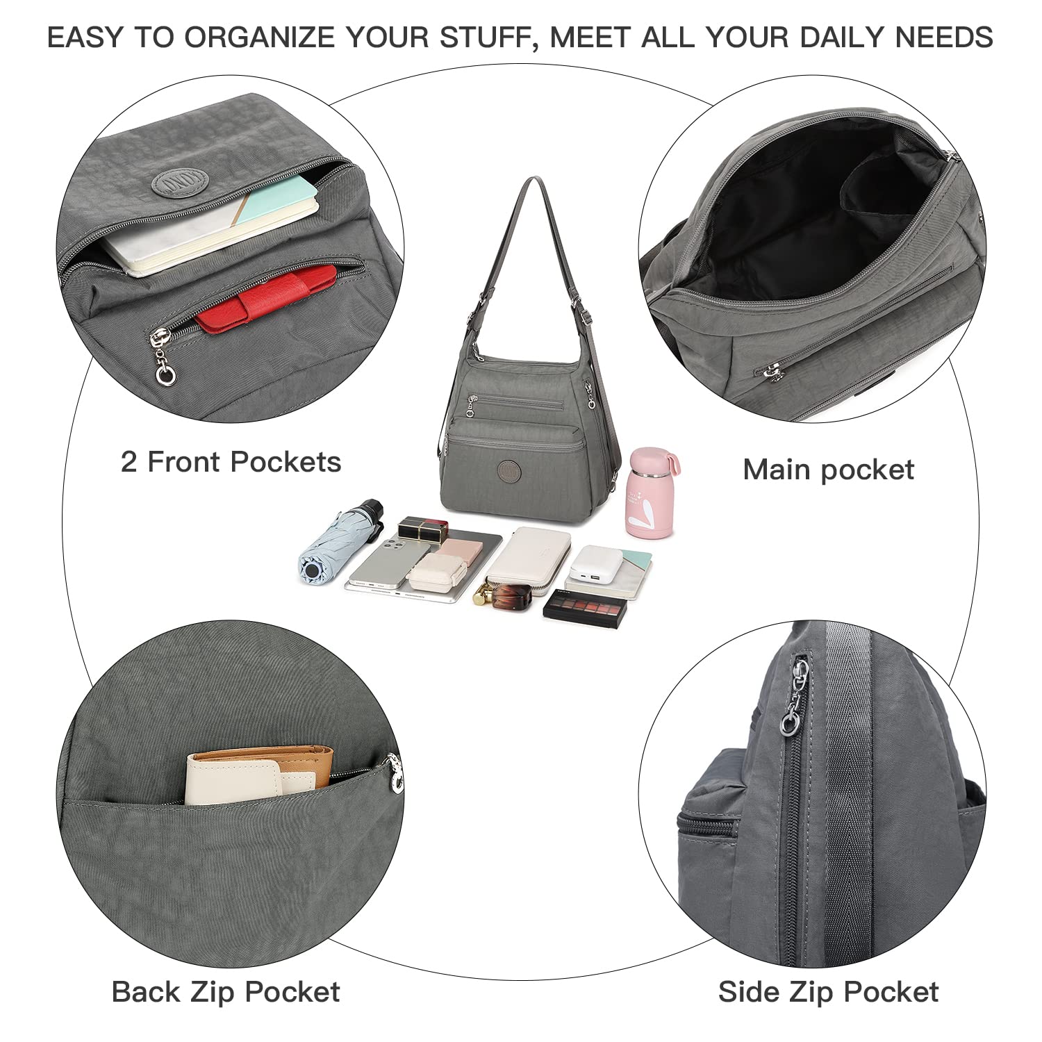 KONO Women's Waterproof Anti-Theft Shoulder Bag - Stylish Travel Backpack for Teen Girls & Women, Lightweight Tote for Commuting, School & Outdoor Adventures (Grey)