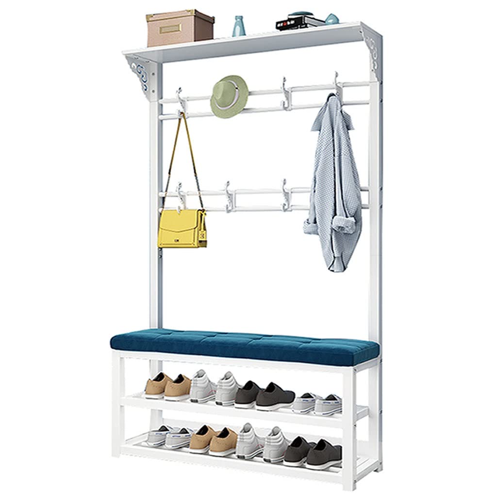 3-in-1 Entryway Coat Rack with Shoe Storage & Bench - 2-Tier Shelves, Metal Frame & Dual Hooks for Coats, Hats, Keys & Umbrellas - Perfect for Small Spaces, Apartments & Mudroom Organization