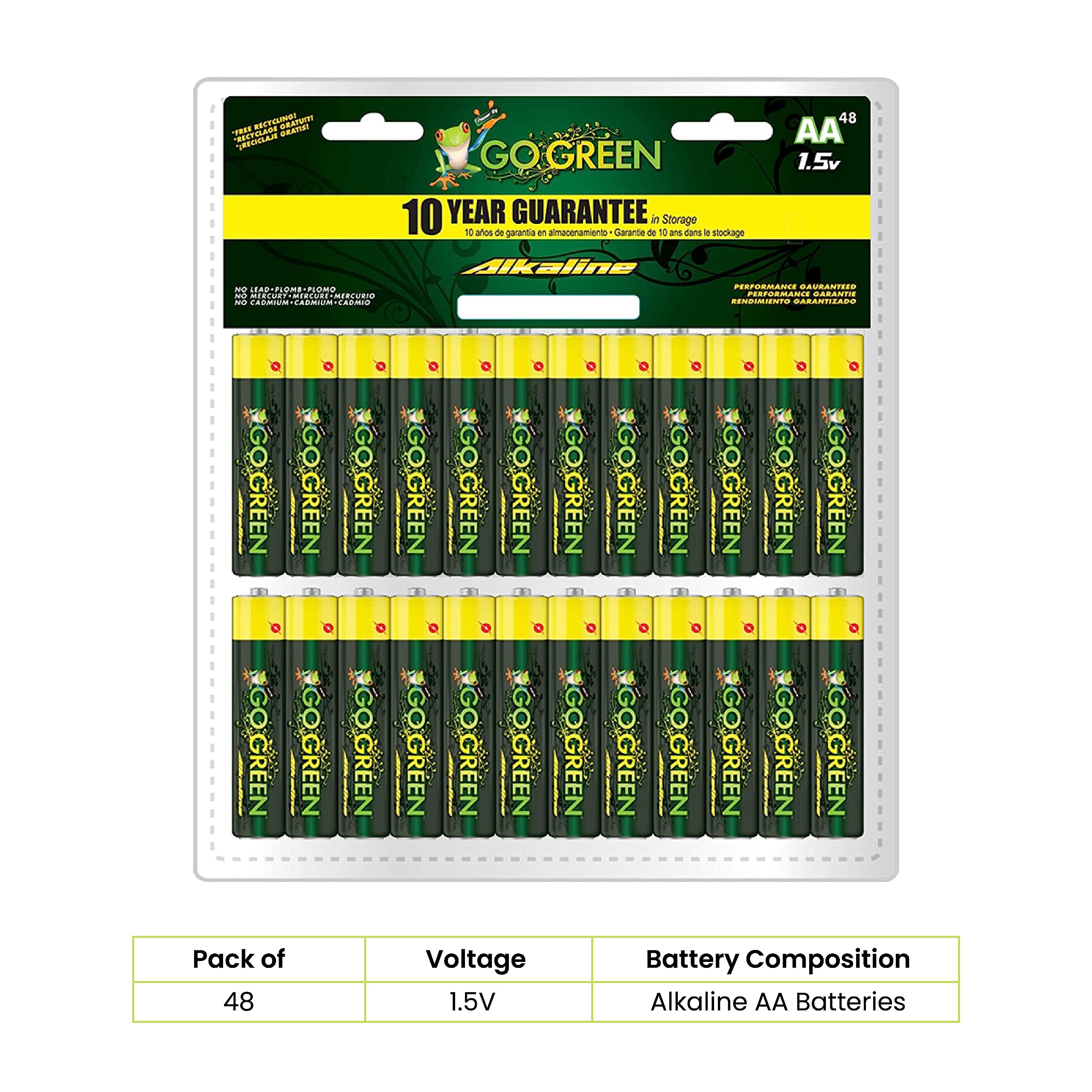 GoGreen Power (24048) Eco Friendly Alkaline AA Batteries 48 Pack - No Lead, Cadmium or Mercury - Long Lasting Power for Toys, Flashlights, Remote Controls & Electronics