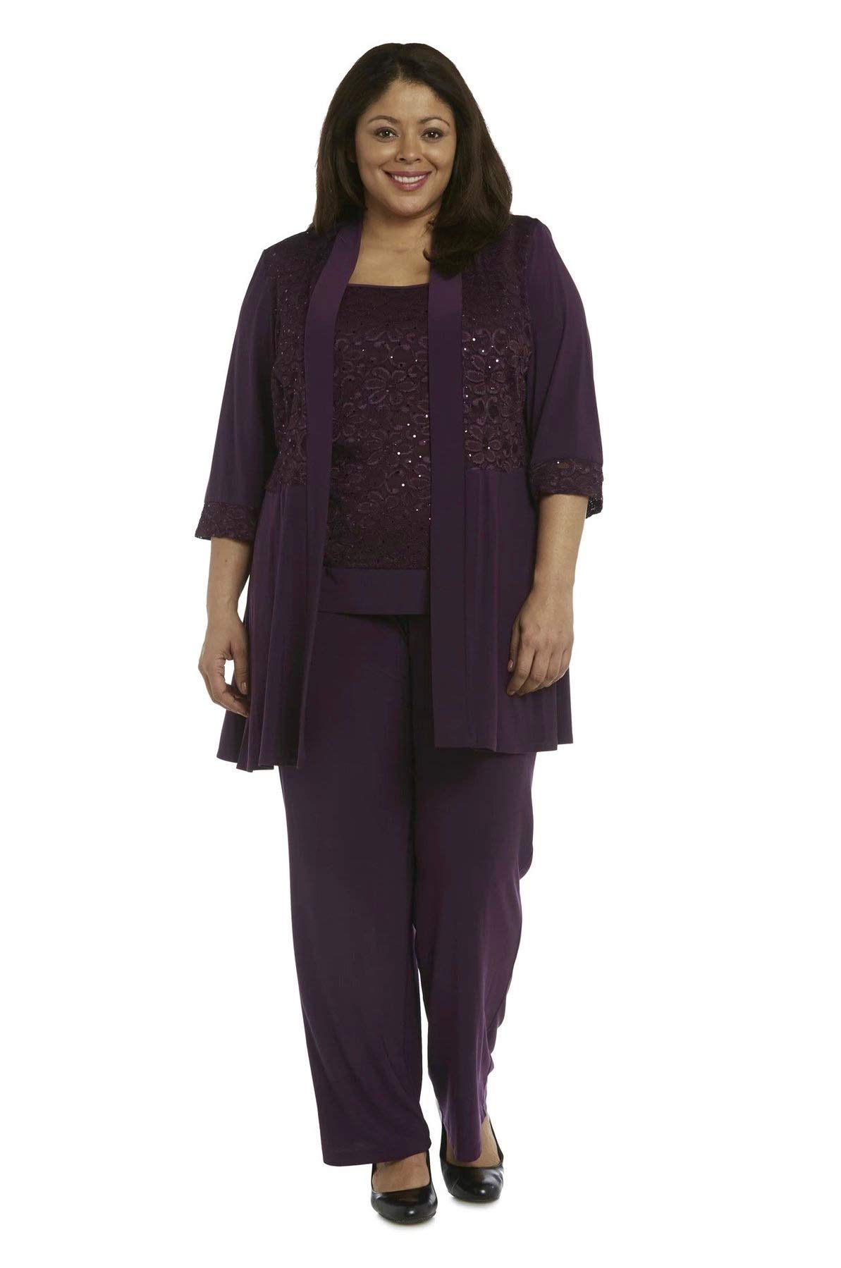 R&M Richards Women's Plus Size Pant Suits - Mother of The Bride Formal Pantsuit in Plum Color, Size 18 Plus | Elegant Wedding Guest Outfit for Special Occasions