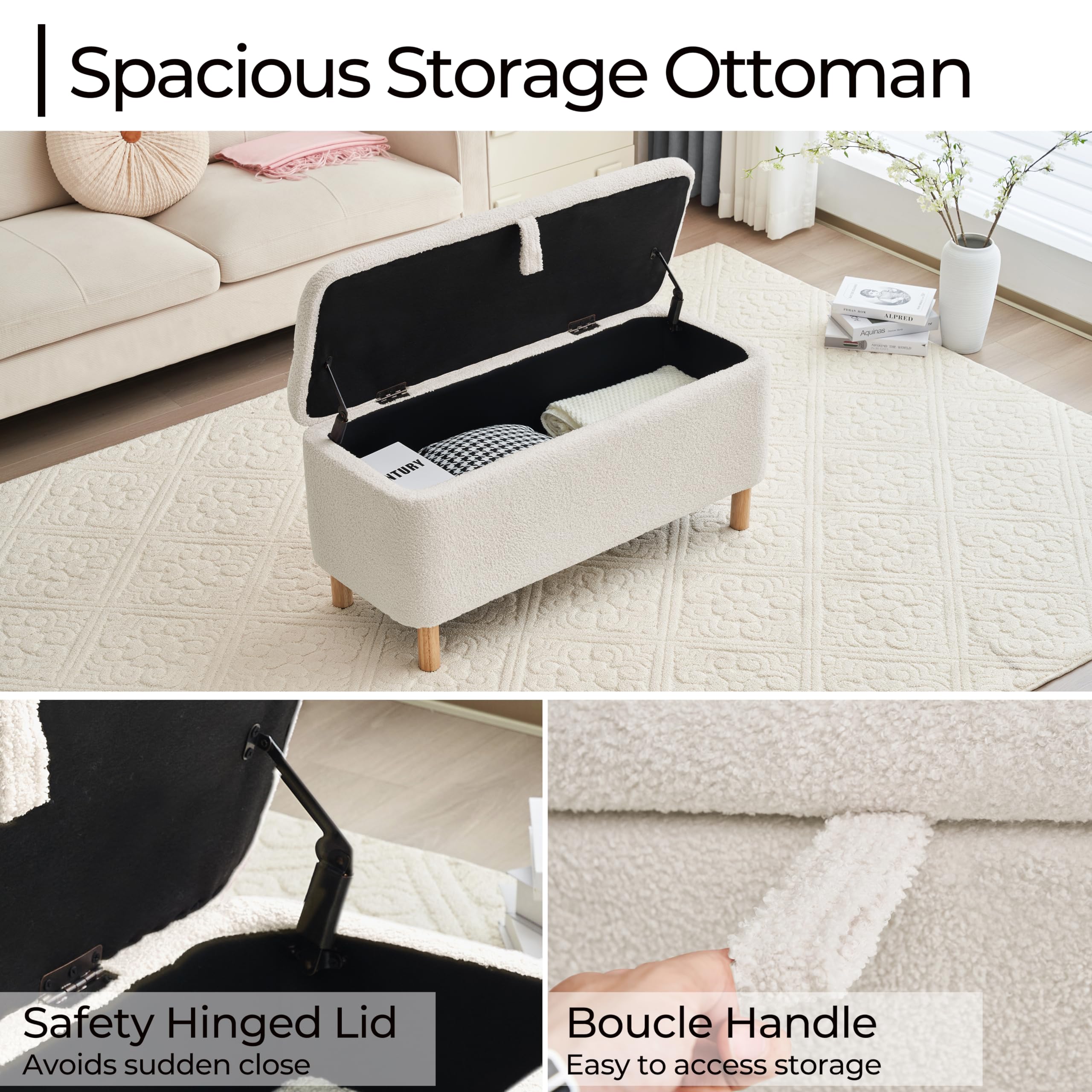 Sherpa Upholstered Storage Ottoman Bench - Rectangle Padded Blanket Chest for Bedroom, Living Room & Entryway | Multi-Functional Shoe Storage Seat with Cushion | Perfect for Bed Foot, Blanket Organization & Home Decor (Off White)