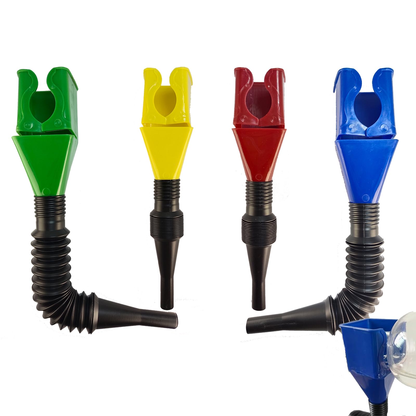 4PCS Retractable Auto Fuel Funnels - Flexible Snap-On Oil Change Funnel for Cars, Trucks & Motorcycles - Perfect for Engine Oil Changes, Fluid Draining & Bottle Filling - Durable Automotive Funnel Set with Clip Design