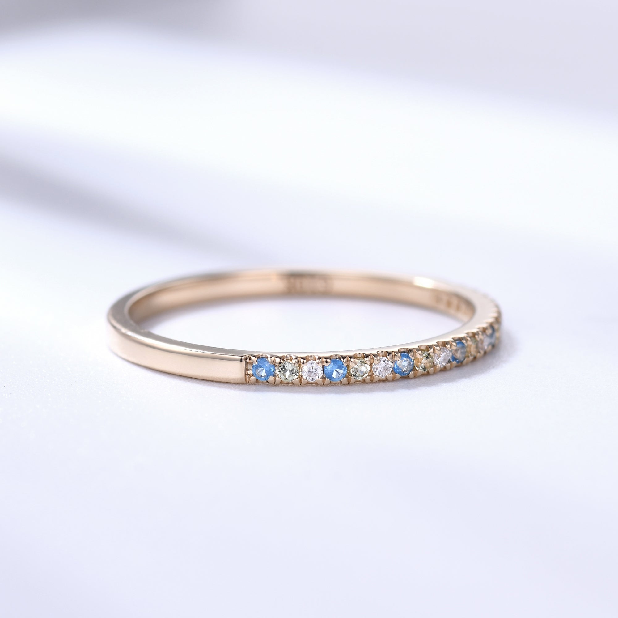Dainty 14K Yellow Gold Half Eternity Wedding Band with Topaz & Peridot Moissanite - Thin Stackable Ring for Women, Bridal Jewelry, Anniversary Gift, Stacking Rings for Everyday Wear