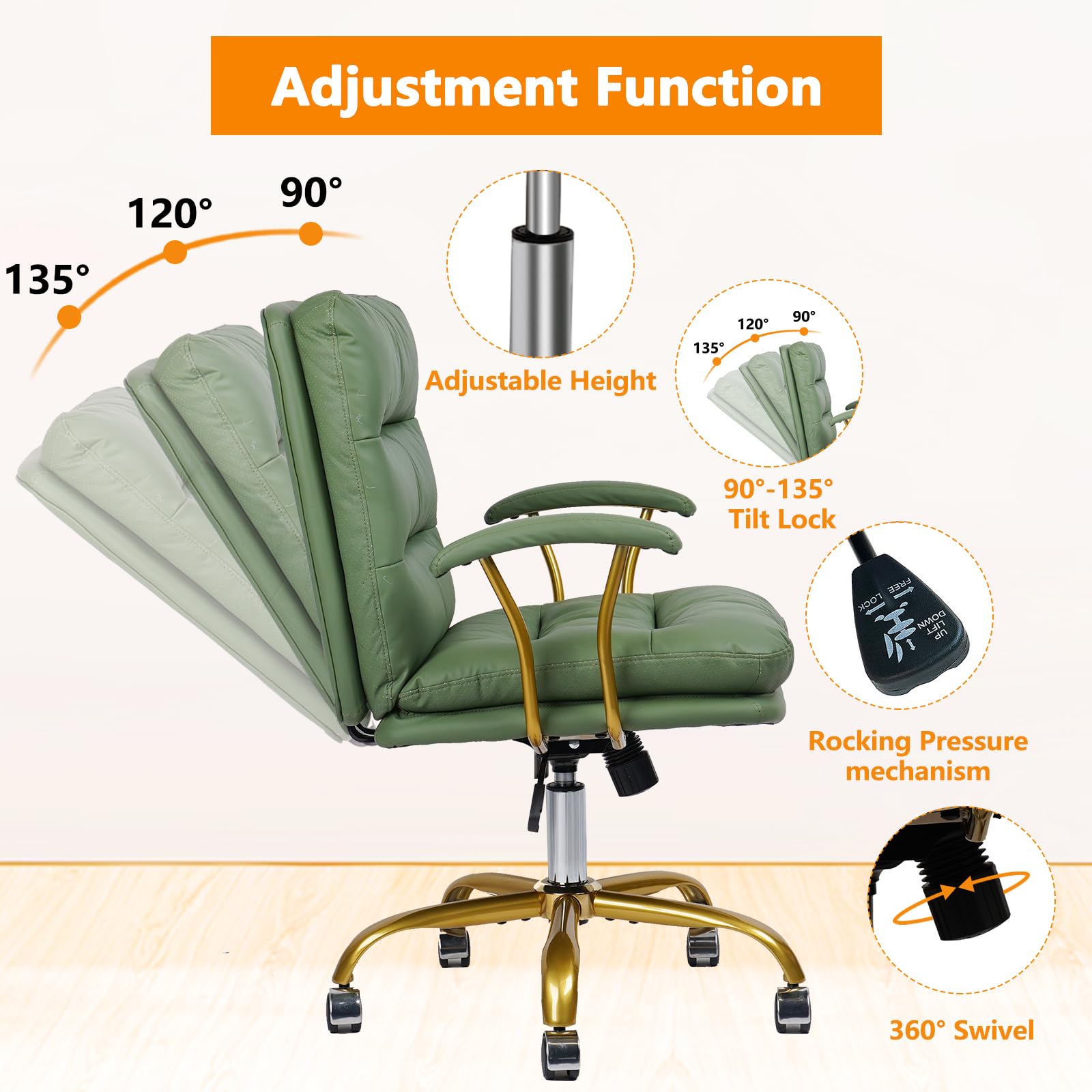 Premium Green & Gold Leather Office Chair - Ergonomic Swivel Desk Chair with Padded Seat, Adjustable Height & Wheels - Perfect for Home Office, Study Room, Vanity Dressing Table & Living Room Workspace