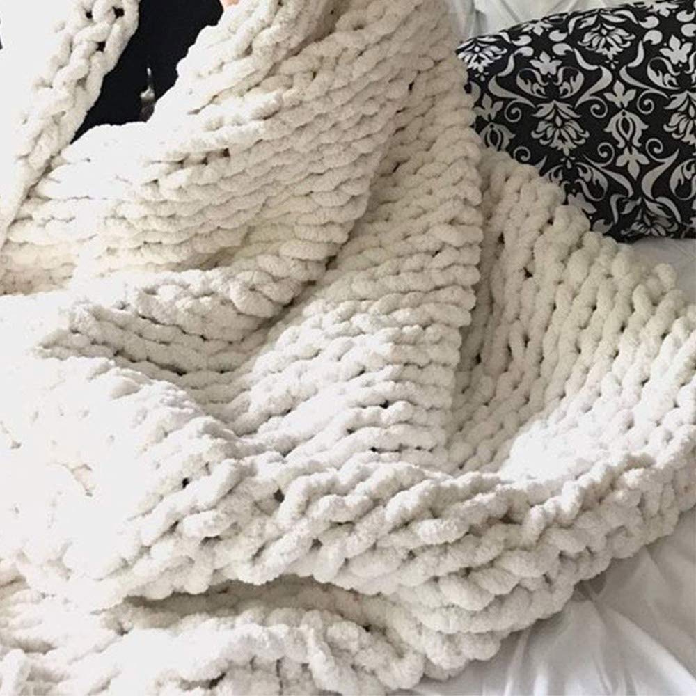 50x60 Inch Knit Throw Blanket - Jumbo Chenille Blanket in Rice White - Soft Arm Knitted Cozy Blanket for Bed, Couch & Sofa - Machine Washable - Perfect Gift for Kids & Adults - Ideal for Home Decor, Lounging & Relaxation