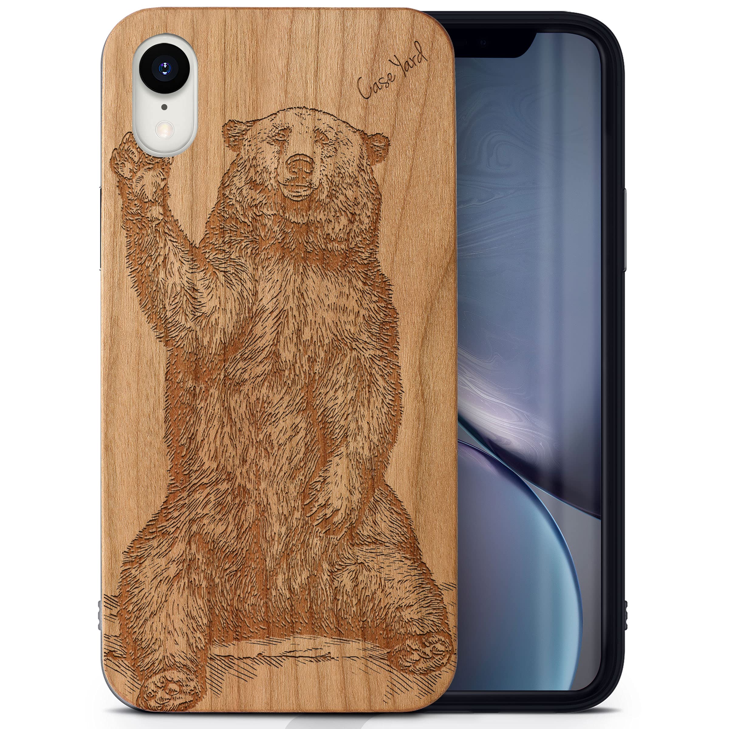 Wooden iPhone XR Case with Laser Engraved Grizzly Bear Design - Slim Fit Cherry Wood Protective Cover Shockproof Phone Case for Men & Women - Perfect for Outdoor Adventures & Daily Use
